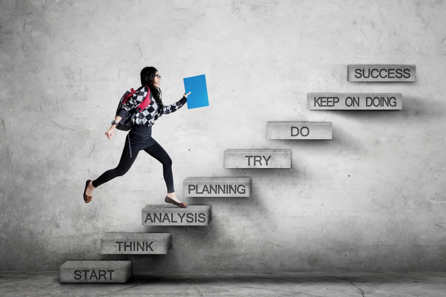 A student, holding an analysis text, dashes up the stairs with a strategic plan aimed at success.