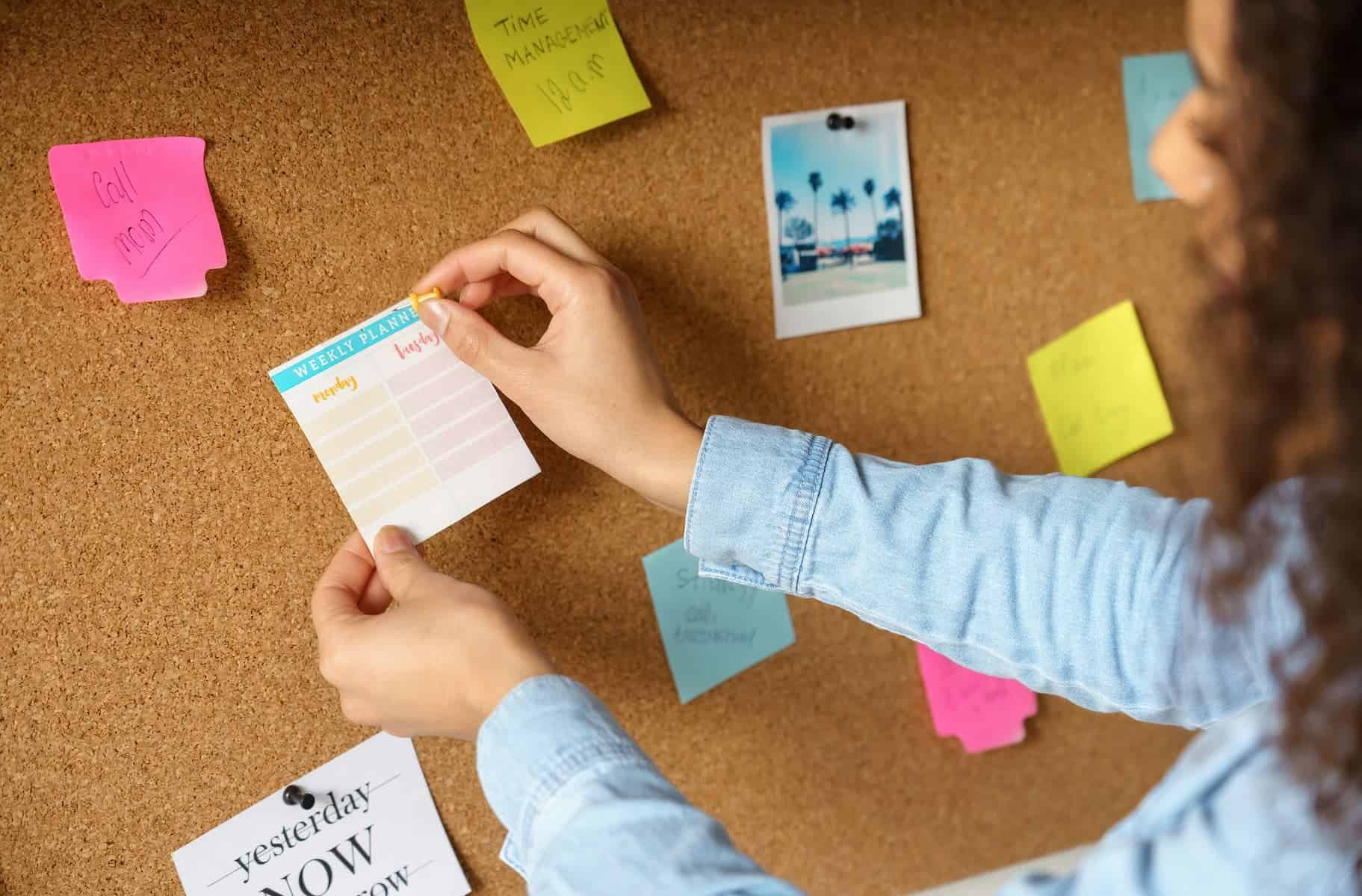 A shot of a young woman pinning notes on a corkboard at home, driven by her clear goals and aspirations.