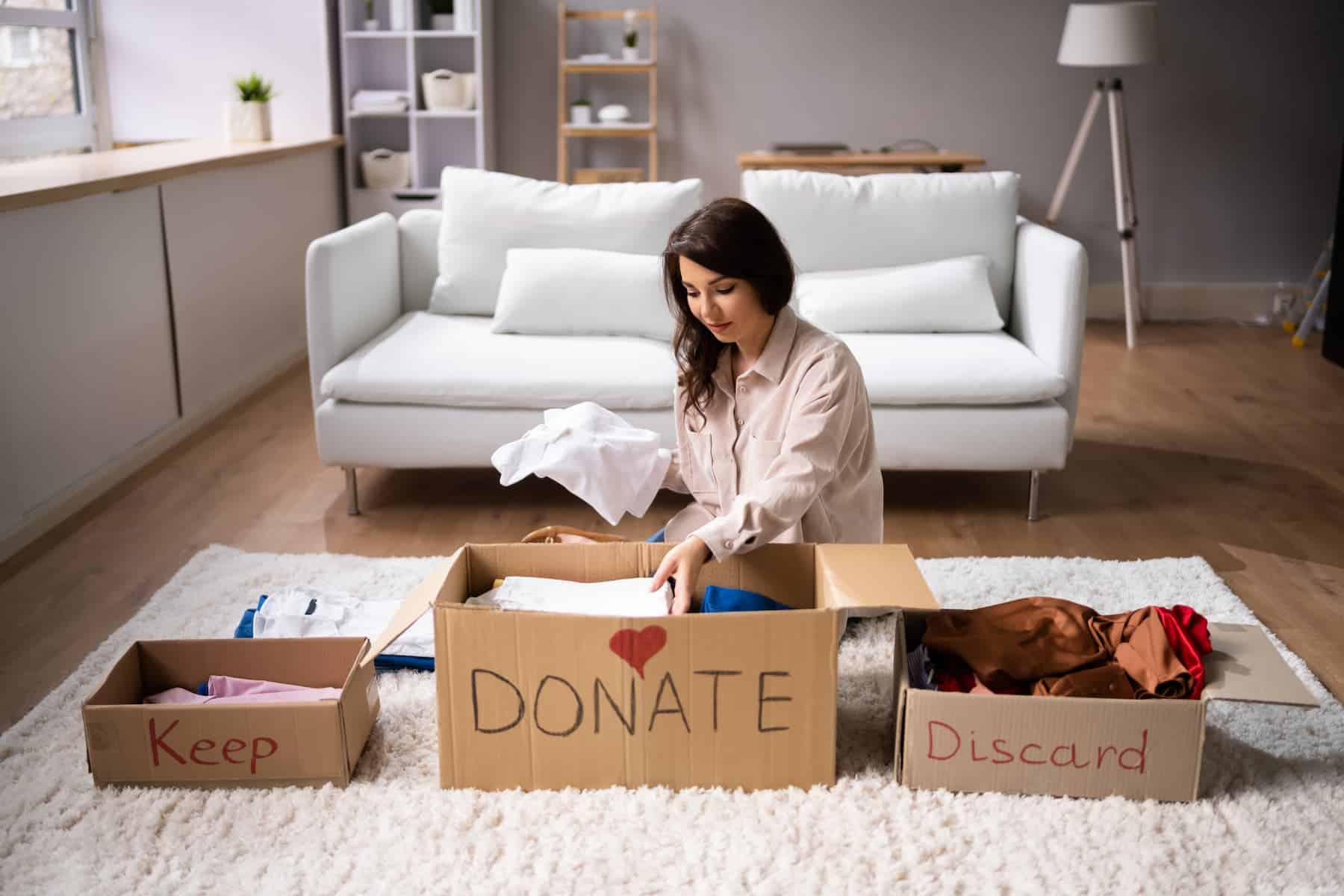 Young woman is decluttering by deciding what to keep, donate and discard when it comes to her clothes. She knows how to not have clutter in her home.