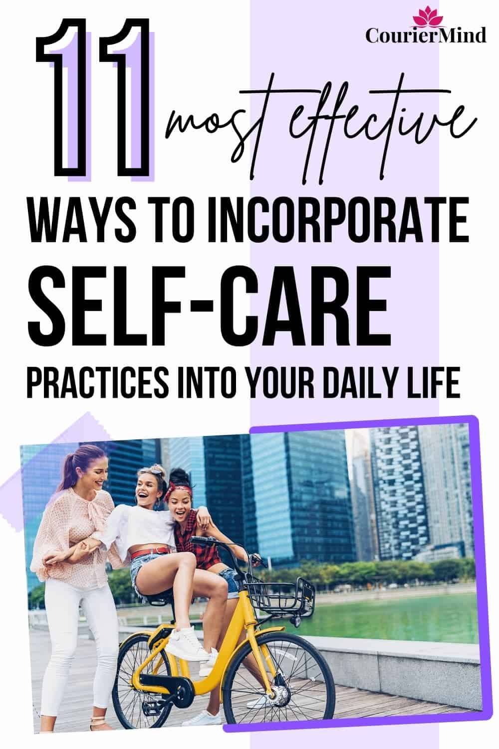 A woman learning to ride a bike with the help of her friends, making it a part of her daily self-care practices.