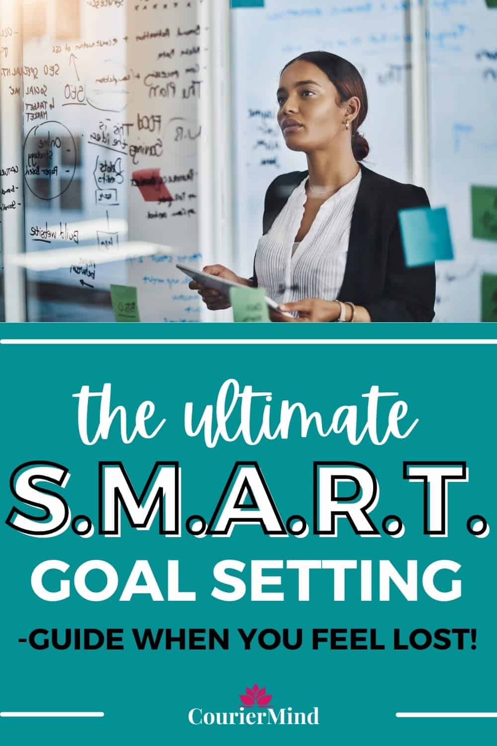 A woman carefully sets S.M.A.R.T. goals, surrounded by notes and detailed writings on a large board.