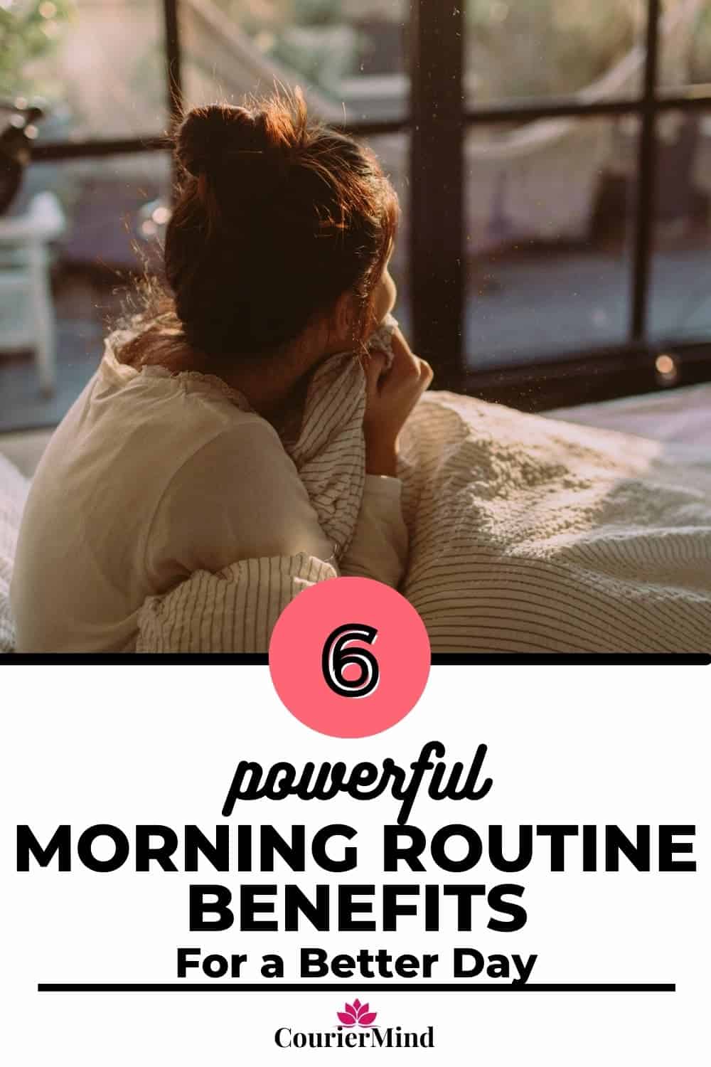 A woman waking up early and gazing out the window from her bed, enjoying a few quiet moments to herself, understanding the benefits of having a peaceful morning routine.