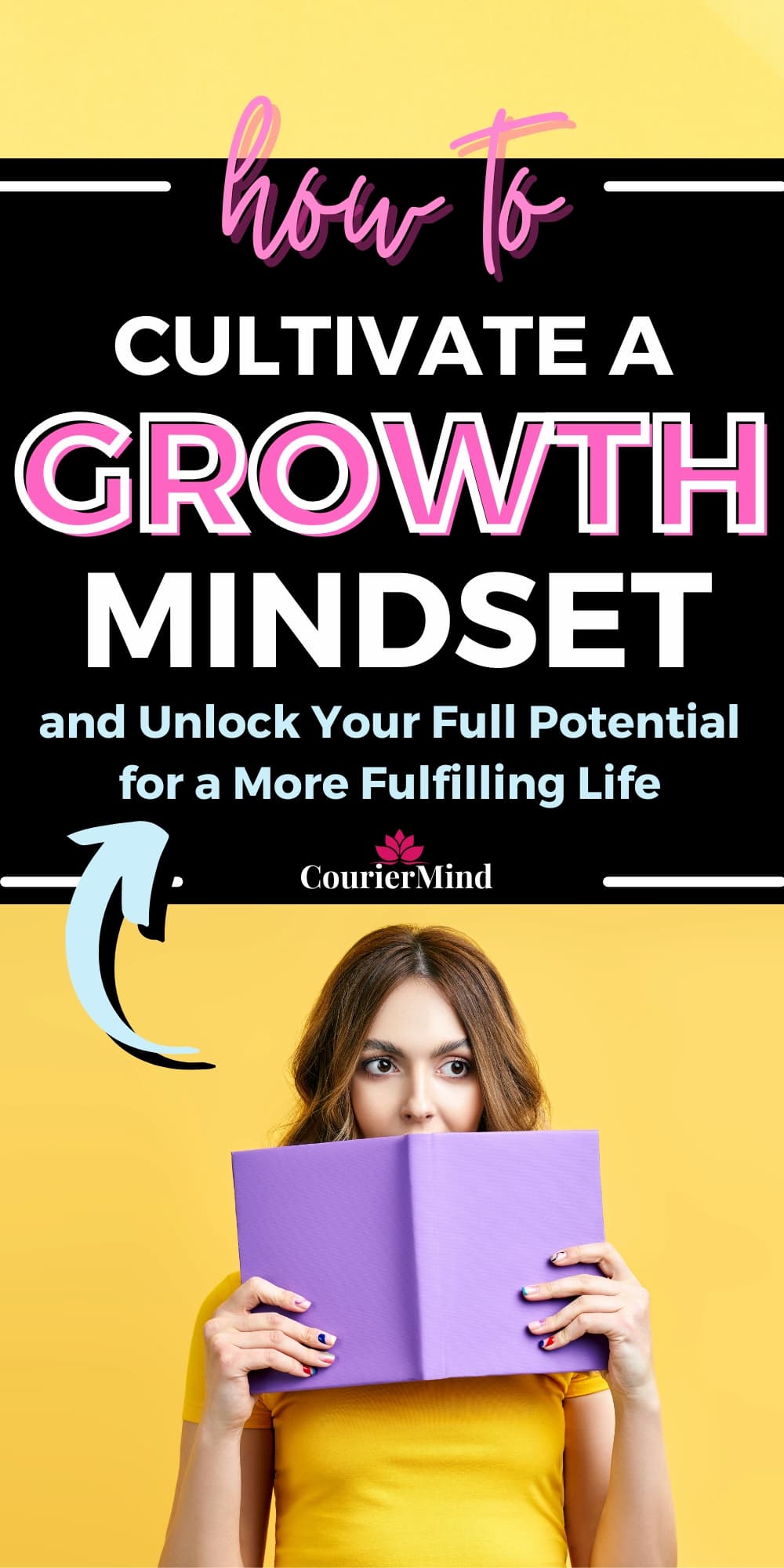 A woman holding a purple book covering half her face, standing against a yellow background, showcasing the importance of cultivating a growth mindset through learning.