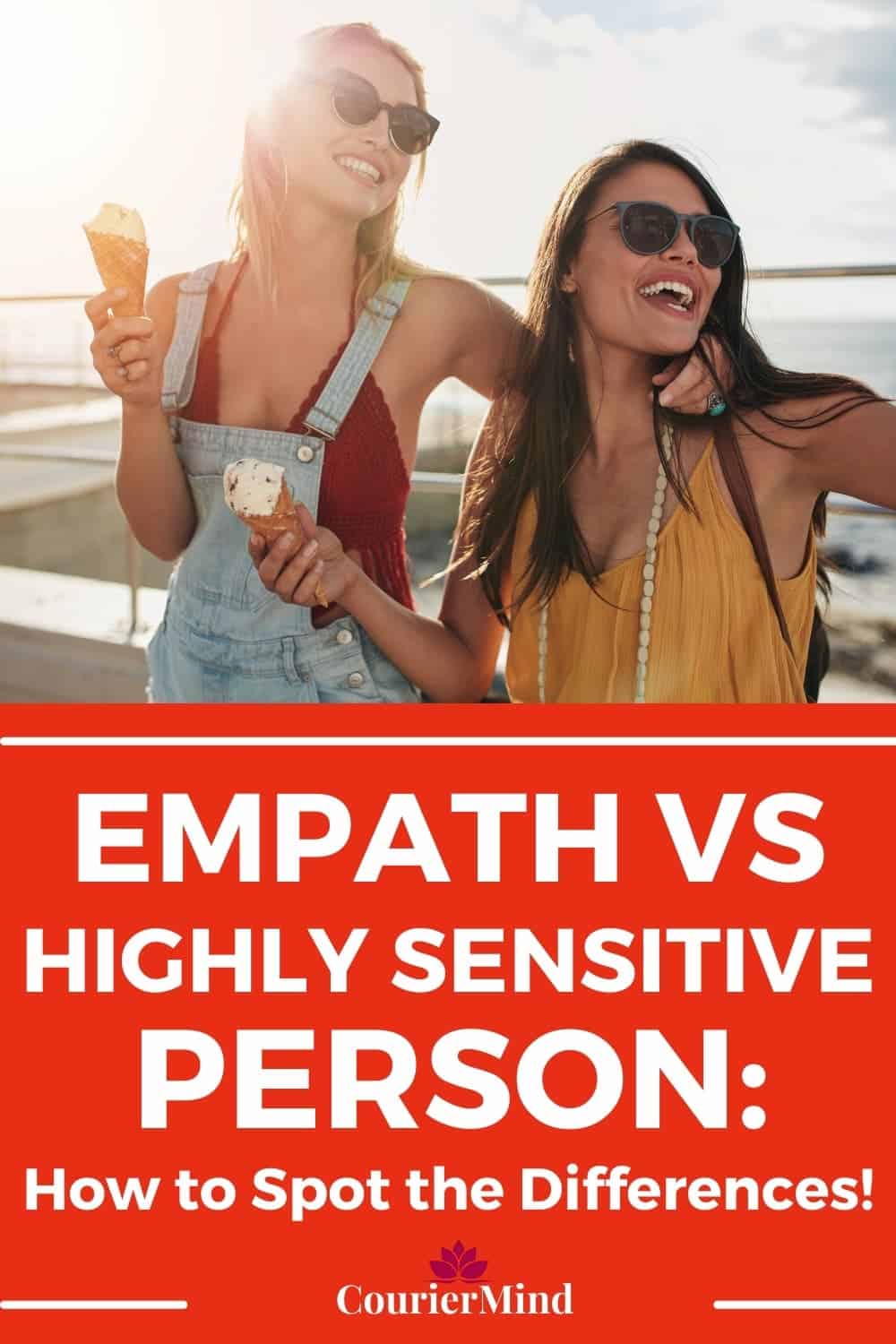 Two friends, one an empath and the other highly sensitive, enjoying a sunny day at the beach, eating ice cream and sharing a peaceful moment together.