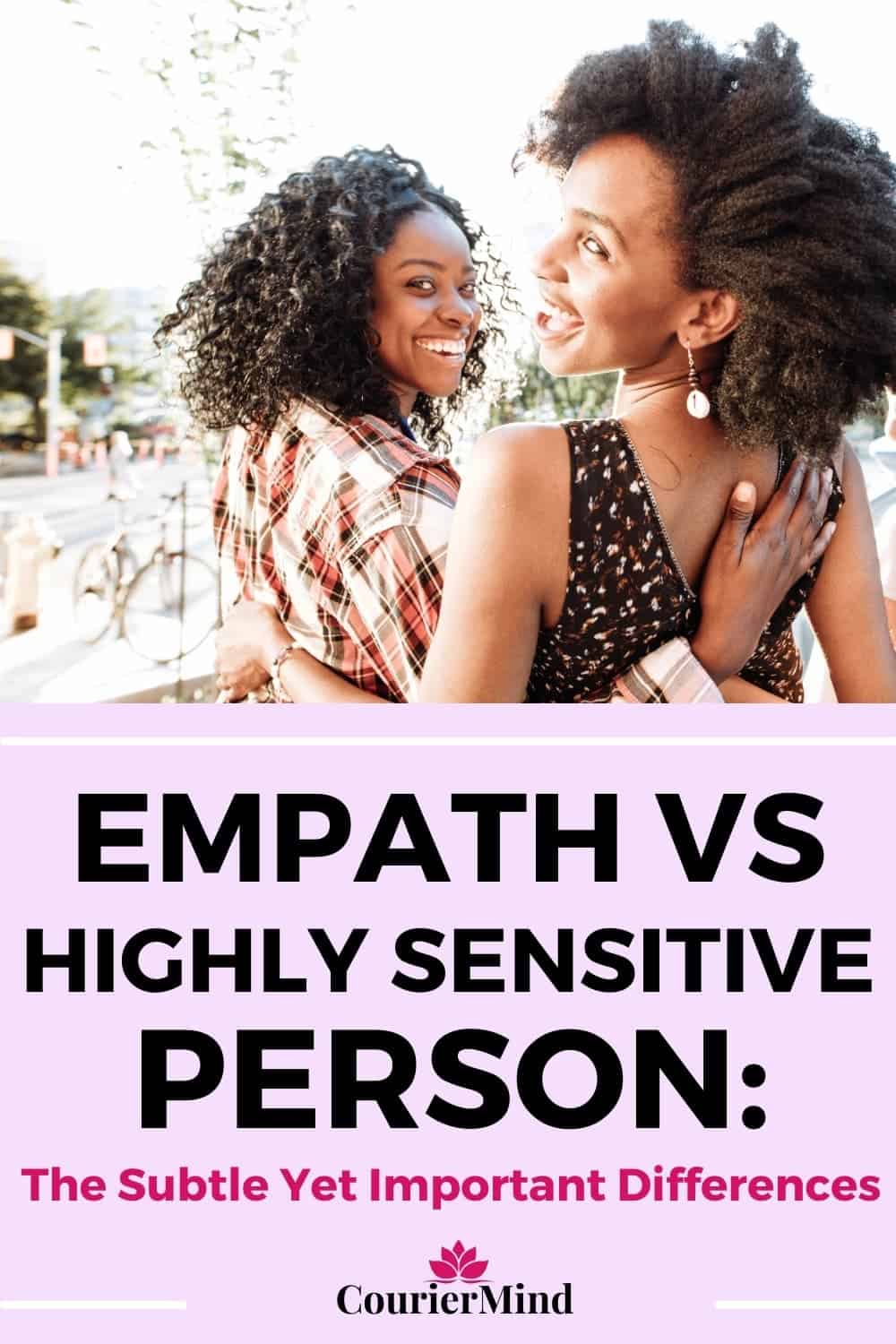 Two friends walking together, arms around each other and laughing, showcasing the subtle difference between being an empath and a highly sensitive person.