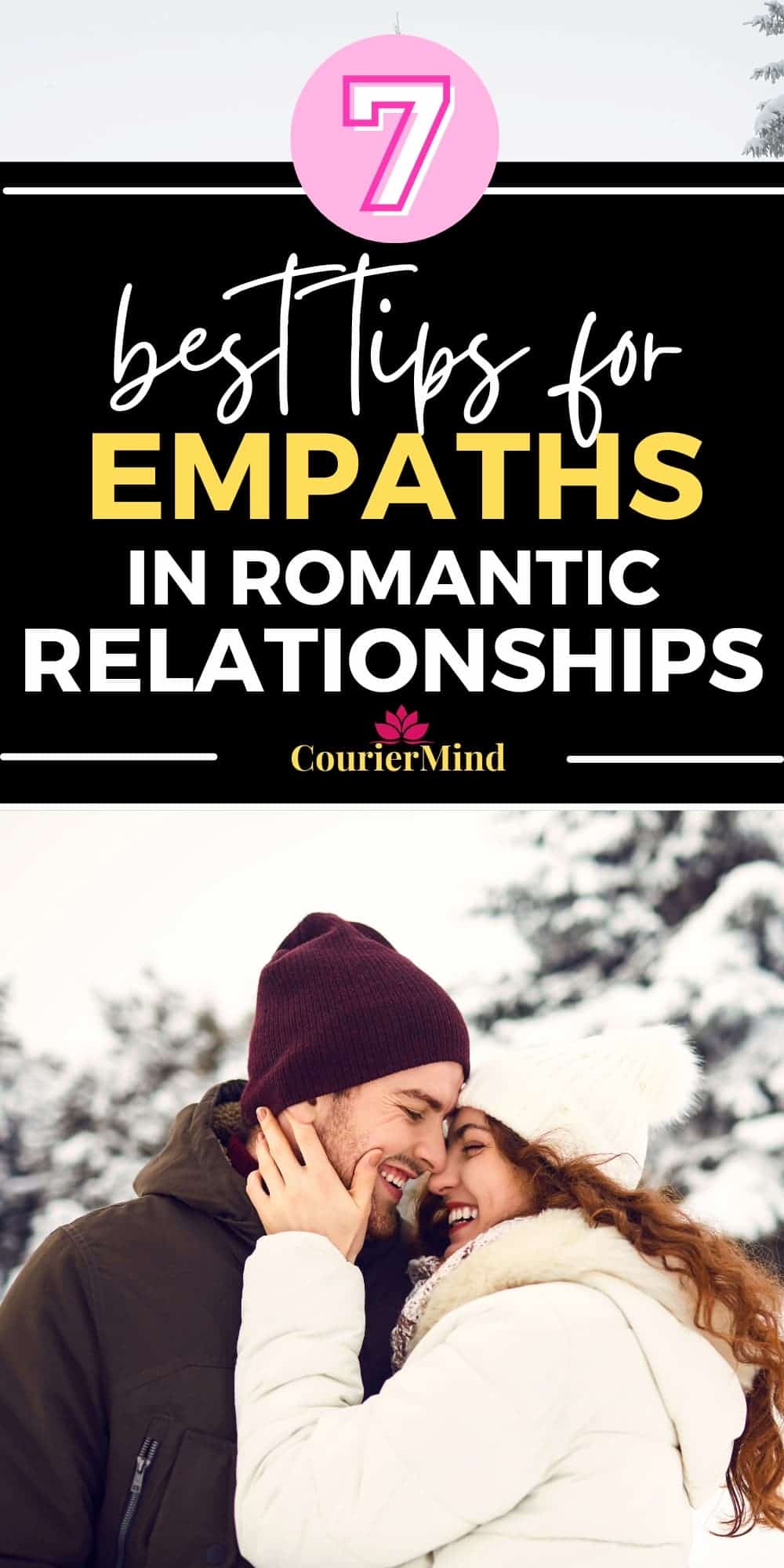 A young couple enjoying the snowy winter weather, both empaths, sharing a deep connection in their romantic relationship.