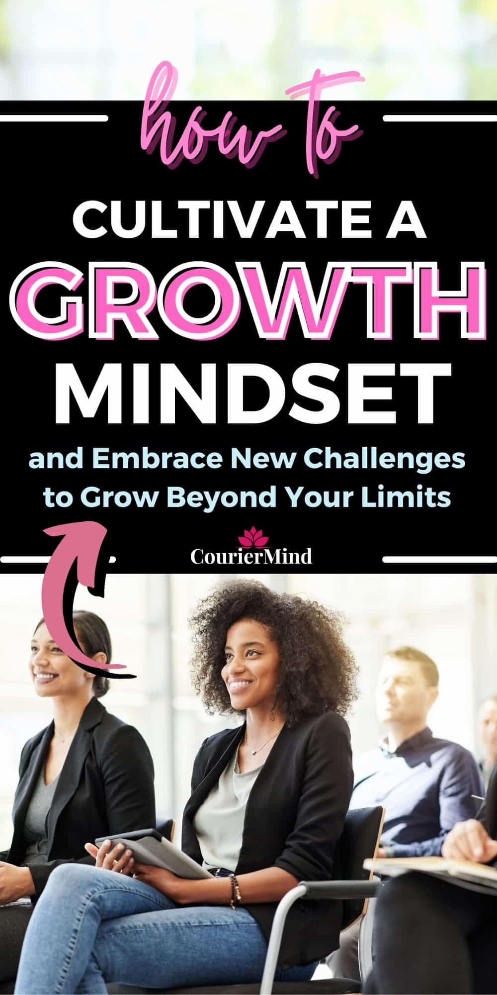 A woman in a black blazer and jeans sitting in a classroom, feeling happy because she understands the importance of a growth mindset through learning.