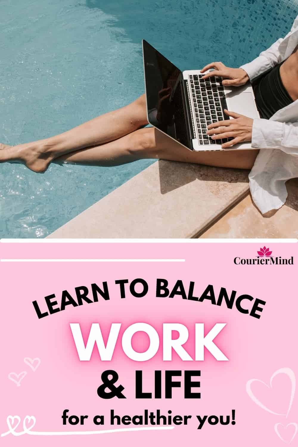 A young woman by the pool works on her laptop while enjoying the sunny outdoor atmosphere, showcasing how to balance work and life.