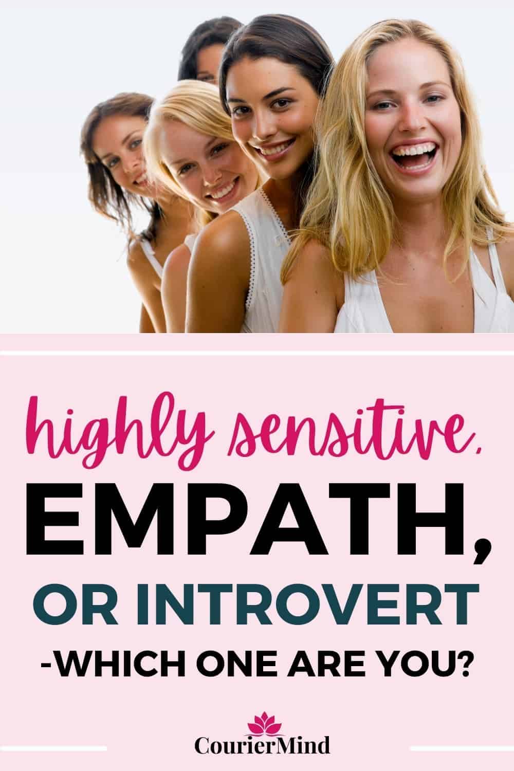 Several women standing in a line, smiling confidently, each representing traits of being an introvert, highly sensitive person, or empath.