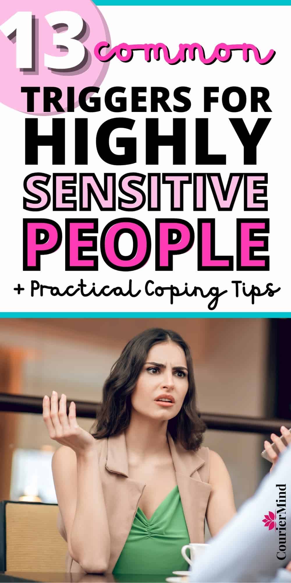 A highly sensitive woman sitting at a cafe, feeling annoyed at the person across from her, as something has triggered her sensitivity.