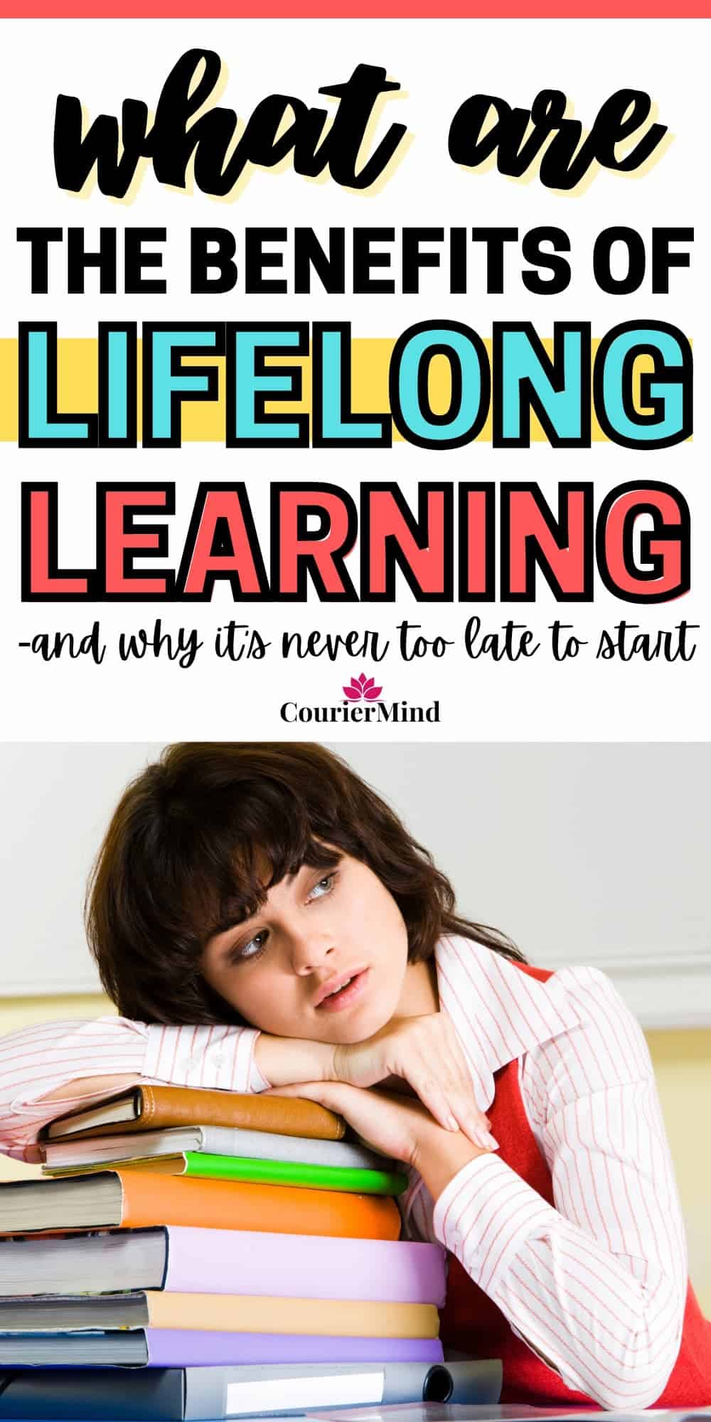 A woman resting her head against a pile of books on her desk, fully understanding the benefits of lifelong learning.