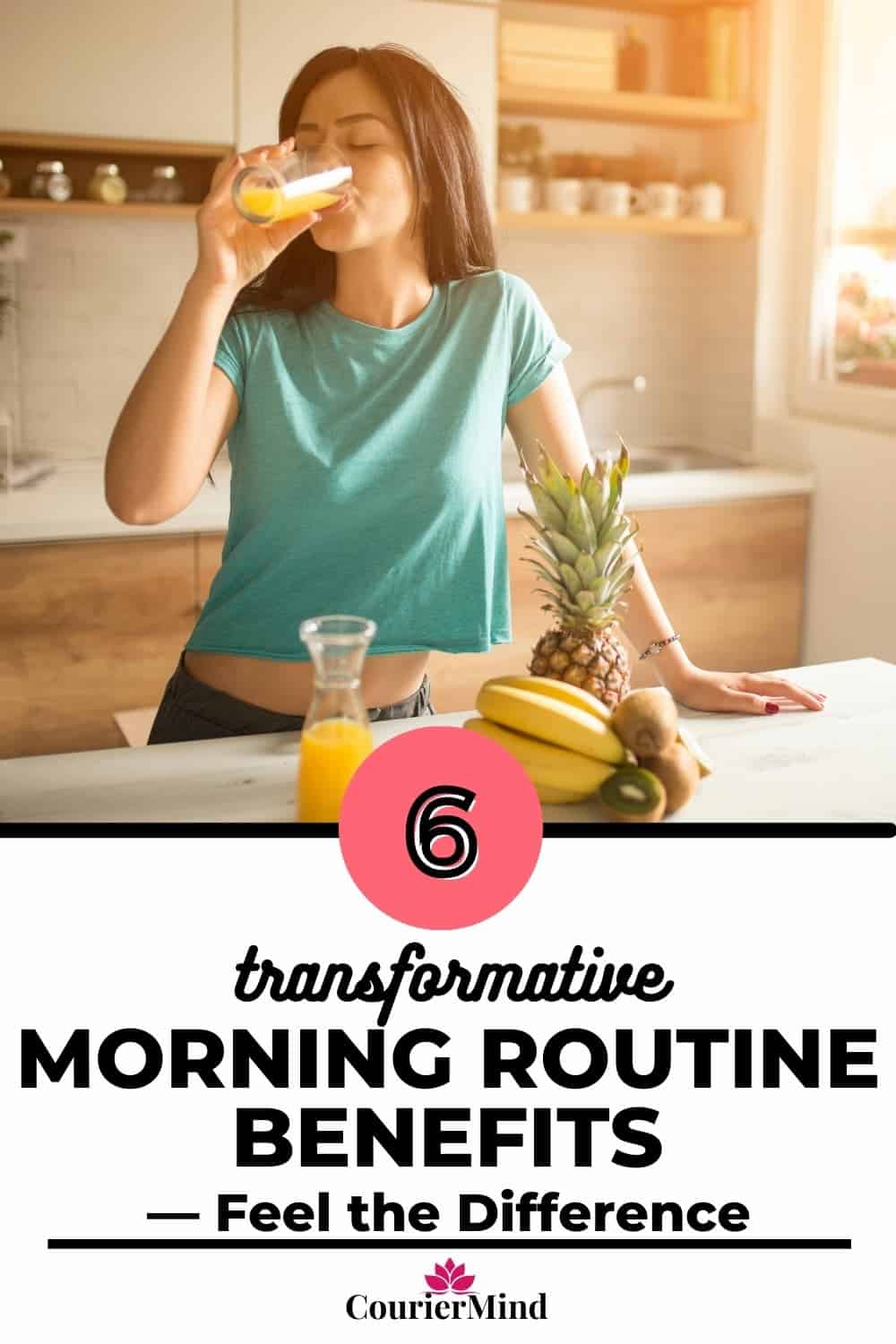 A young woman drinking orange juice as part of her morning routine, understanding the benefits of starting her day right.