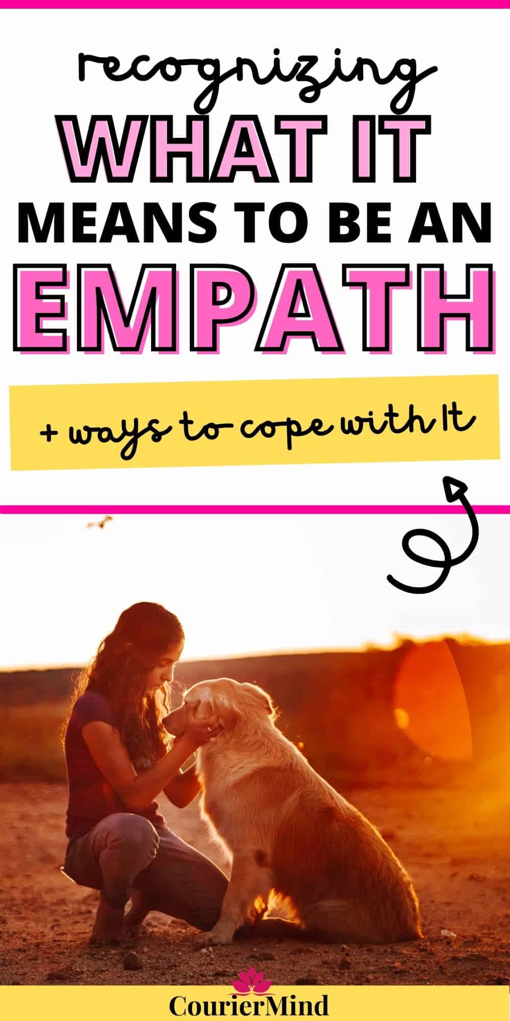 An image capturing the essence of being an empath—a young woman gently petting her golden retriever in the open air at sunset.