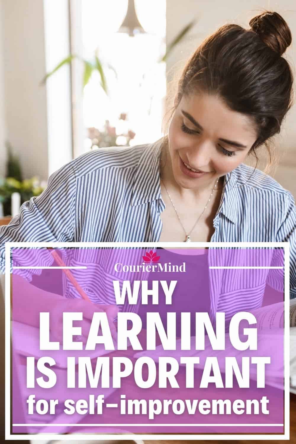 A young woman happily studying at home, highlighting the importance of continuous learning for self-improvement.