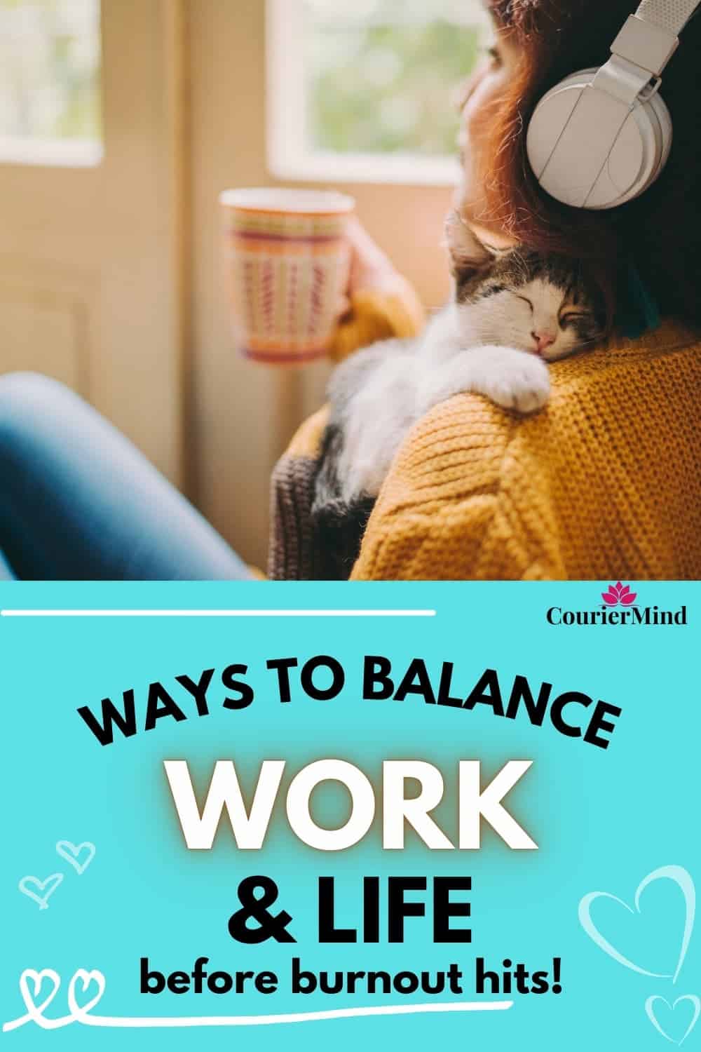 A young woman with a kitten on her shoulder, wearing headphones and holding a cup of coffee, relaxes at home — showcasing her ability to balance work and life.