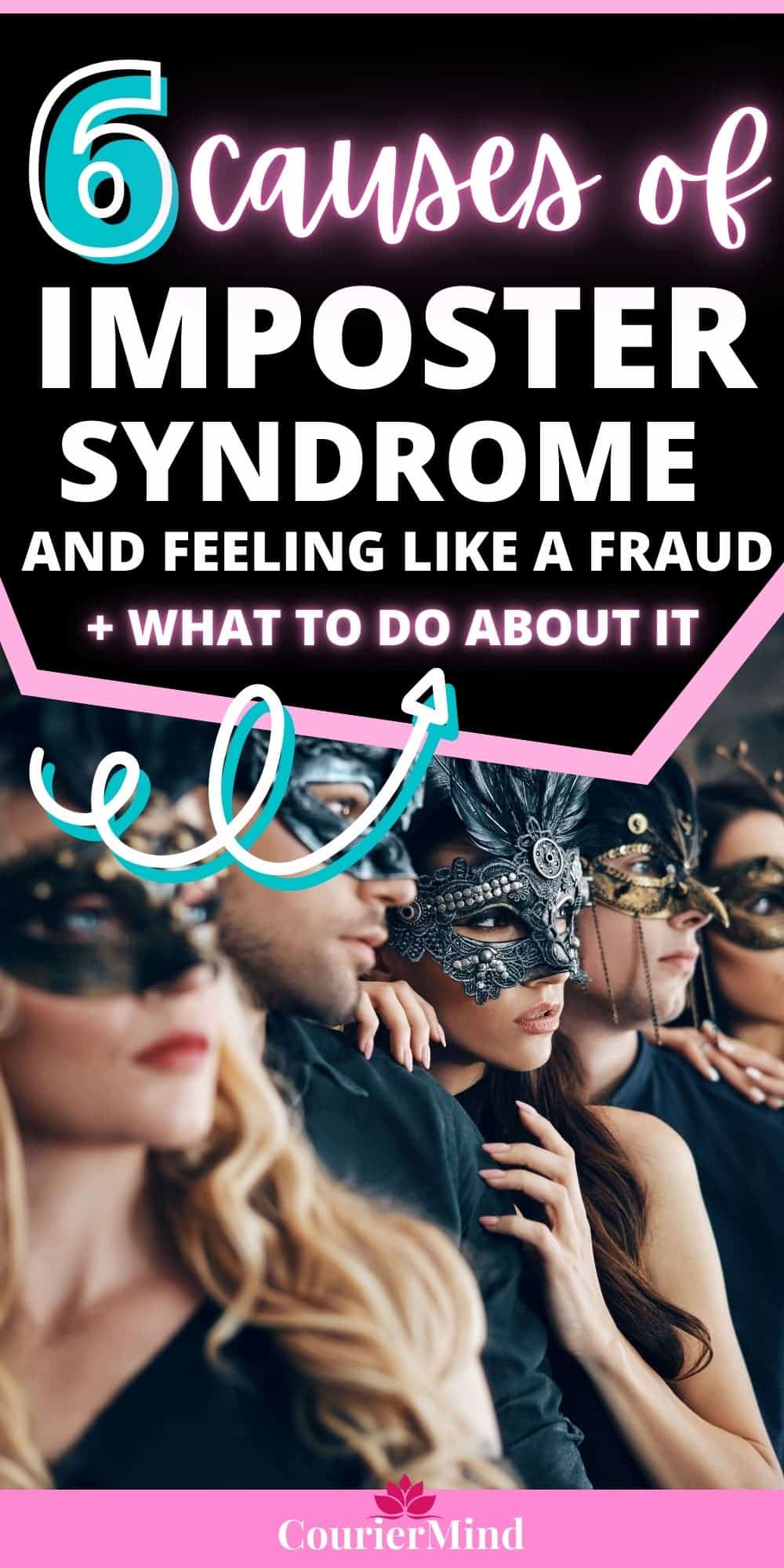 A group of people wearing masquerade carnival masks symbolizes imposter syndrome — hiding their true selves behind carefully crafted façades.