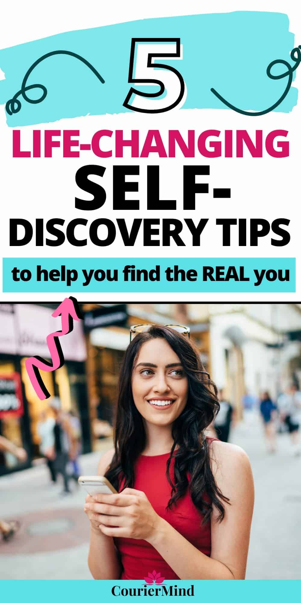 A woman with dark hair and a red top holds her cellphone, smiling with excitement after a meaningful journey of self-discovery—finally feeling connected to her true self.