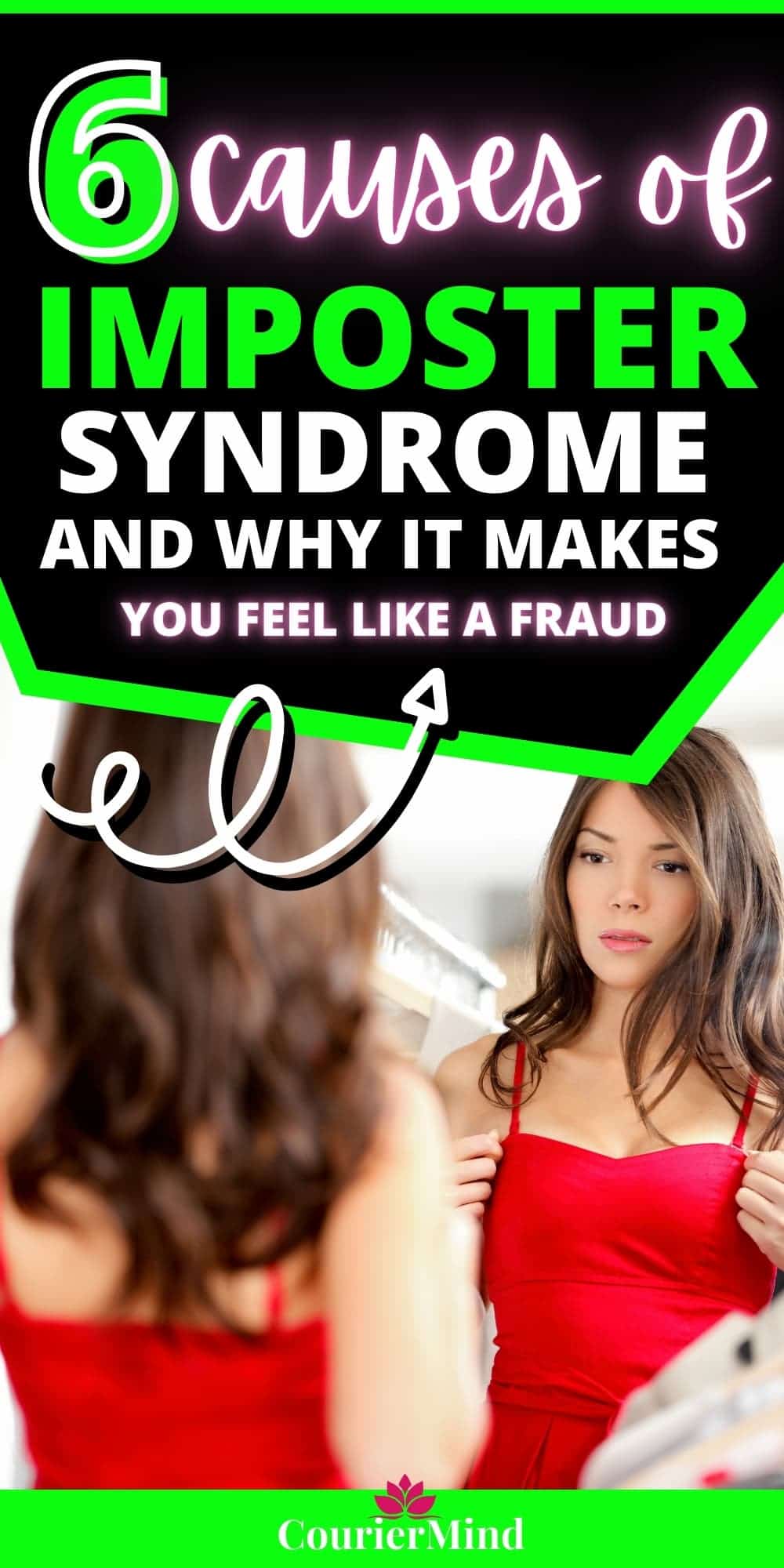 A woman in a red dress gazes at her reflection, unaware that the feeling of being a fraud is imposter syndrome distorting her self-perception.
