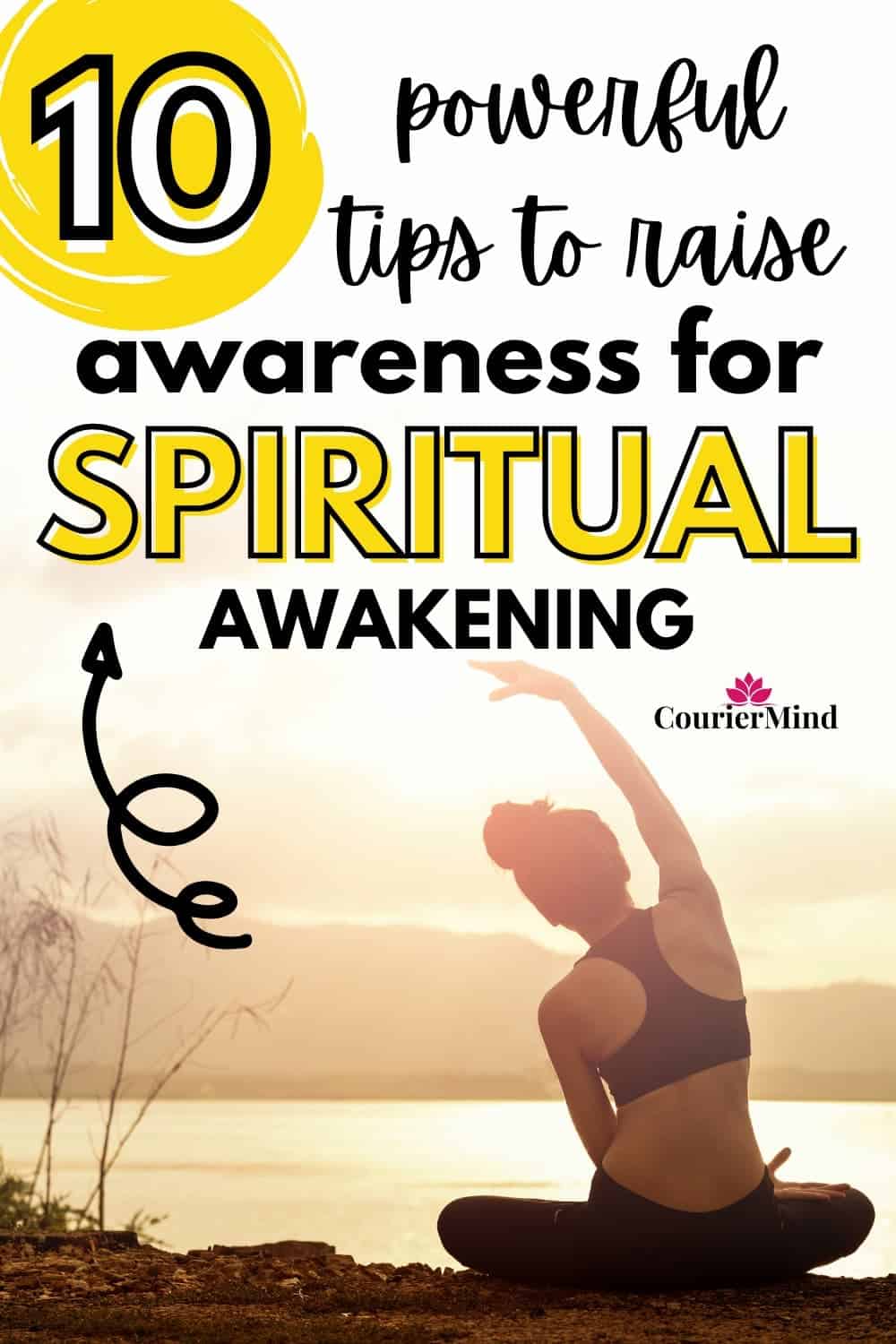 Woman meditating by a lake at sunset, embodying awareness and the path to spiritual awakening.