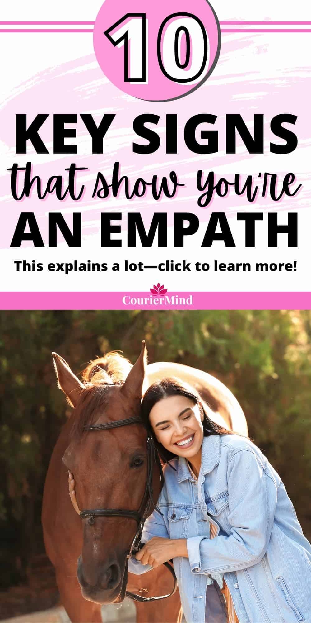Woman in denim jacket bonding with her horse during a serene walk, reflecting one of the key signs commonly associated with empaths.