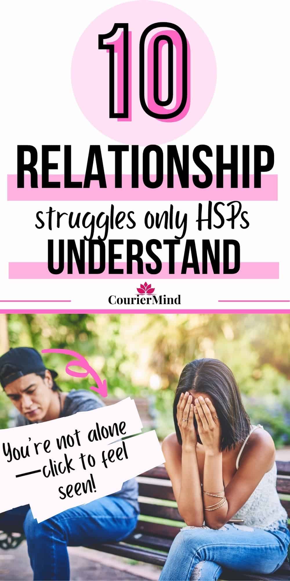 Highly sensitive woman sitting on a bench with her boyfriend, covering her face in sadness due to ongoing relationship problems.