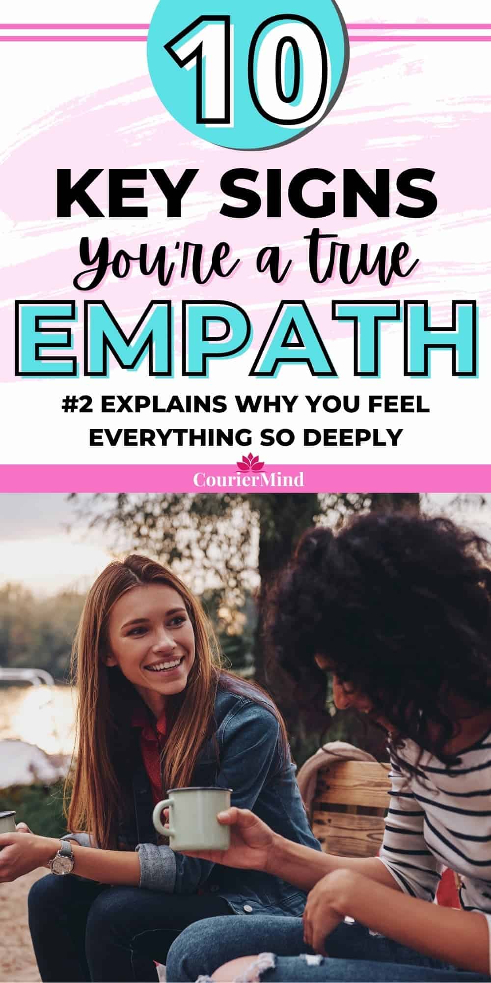 Woman listening attentively to her friend while drinking coffee outdoors, demonstrating one of the key signs of being an empath.