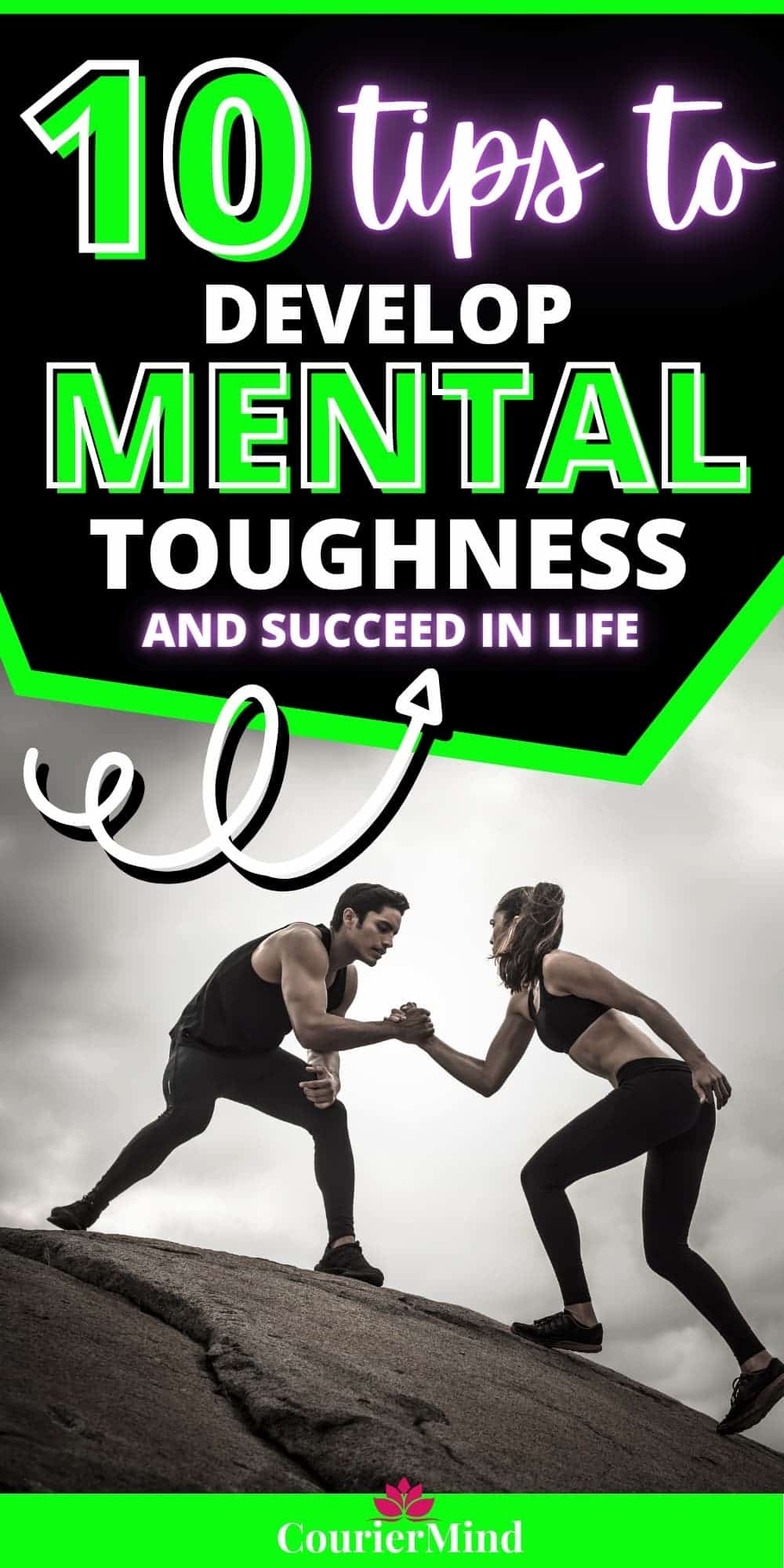 Woman climbing a steep rock showing mental toughness, reaching the top with a helping hand from her friend.