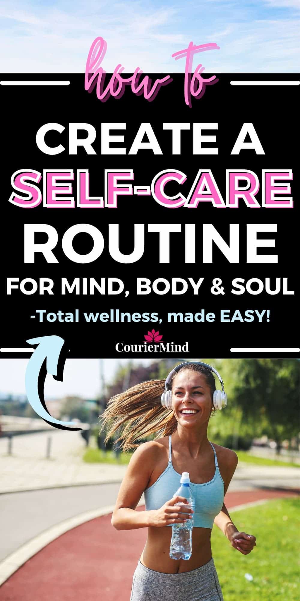 A woman running outdoors with headphones and a water bottle, enjoying exercise as part of her self-care routine on a sunny day.