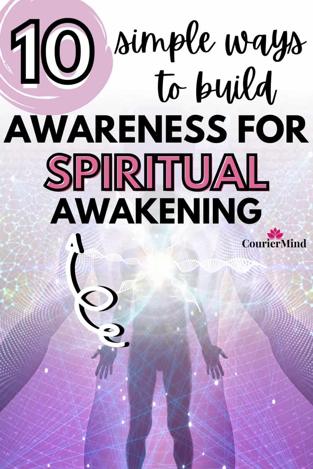 Silhouette of a body with light radiating from the heart against a purple background, symbolizing awareness of spiritual awakening.