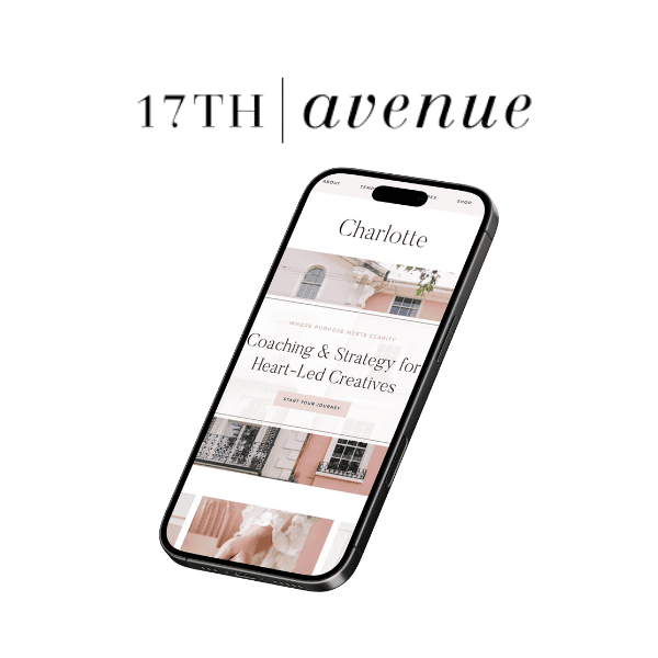 Smartphone mockup with 17th Avenue Designs logo and preview of the Charlotte theme, a stylish and conversion-ready WordPress design for creatives.
