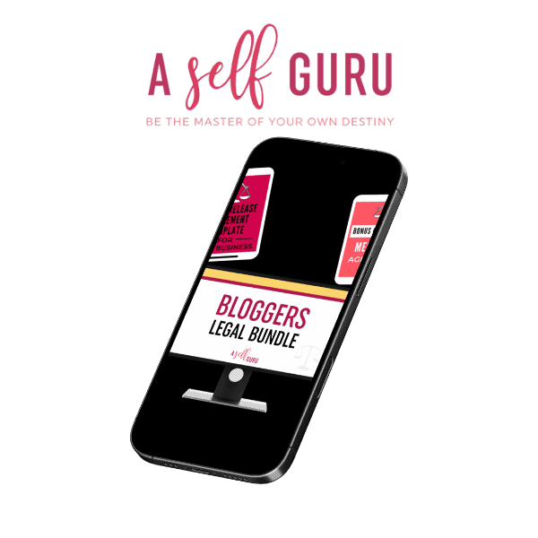 Smartphone mockup with A Self Guru logo and a preview of Amira’s legal templates for bloggers, designed to simplify website protection and compliance.
