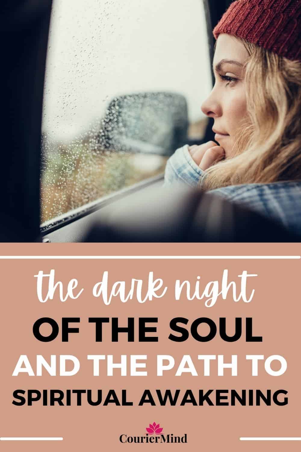 A woman gazes out her car window with a hopeful expression, symbolizing her journey through the dark night of the soul toward spiritual awakening.