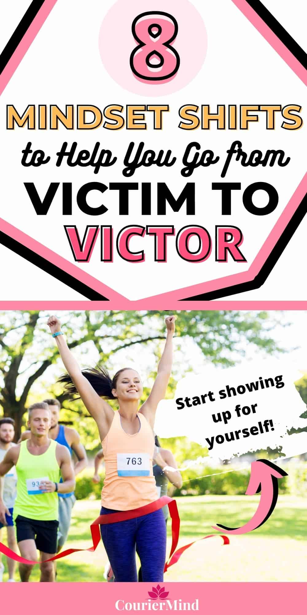 A woman crosses the finish line with her arm raised in joy after winning a race, symbolizing the shift from a victim mindset to a victor.