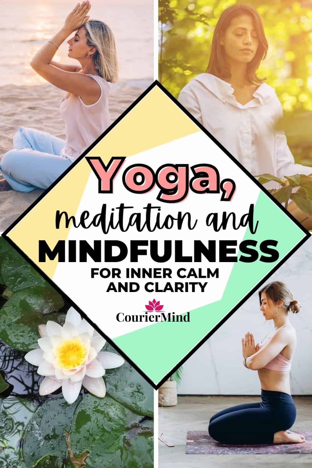 A pin featuring images of yoga, meditation, and mindfulness, promoting inner calm and mental clarity.