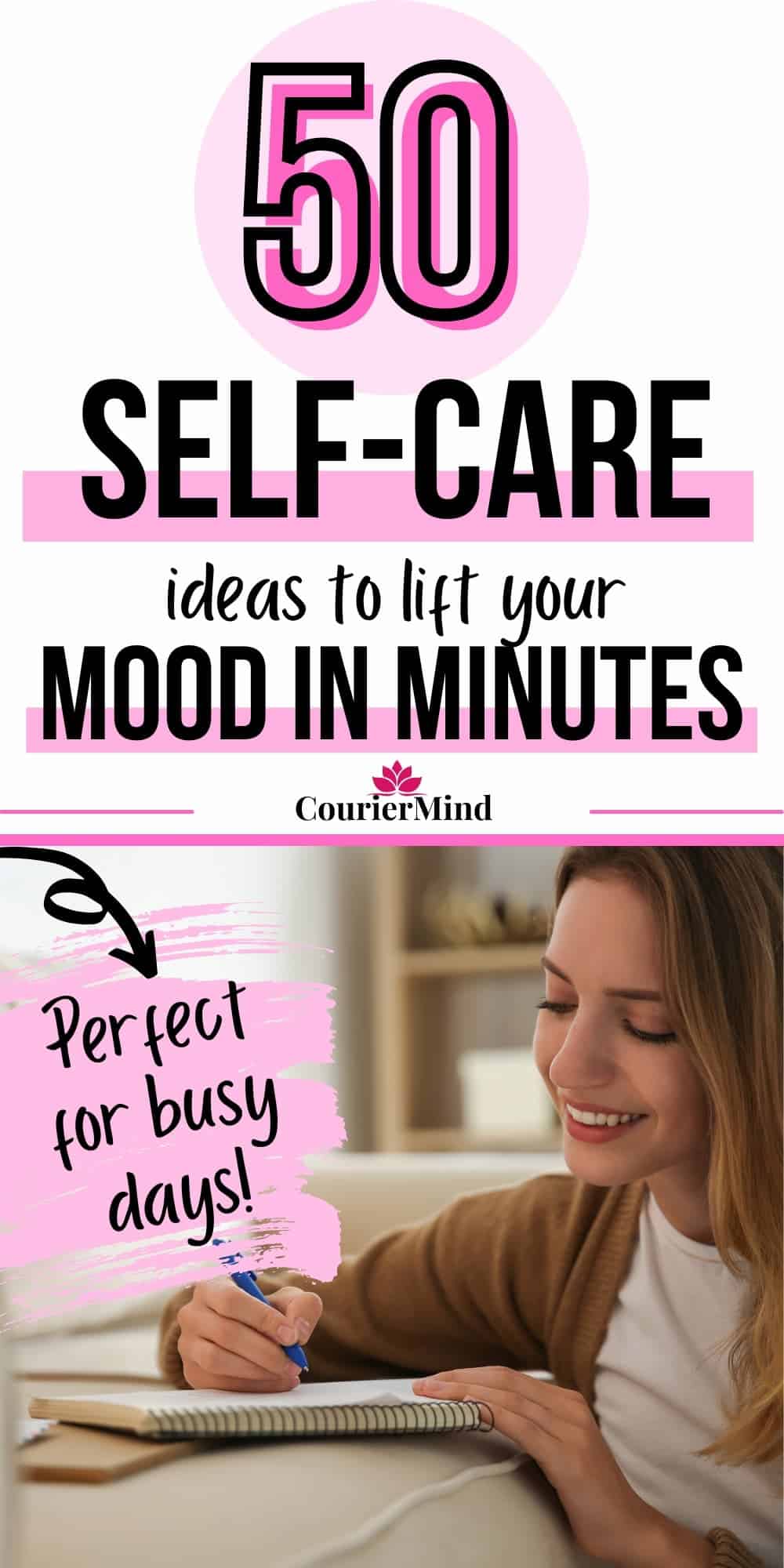 A woman journals happily in her living room, finding it to be one of the best self-care ideas she has discovered.