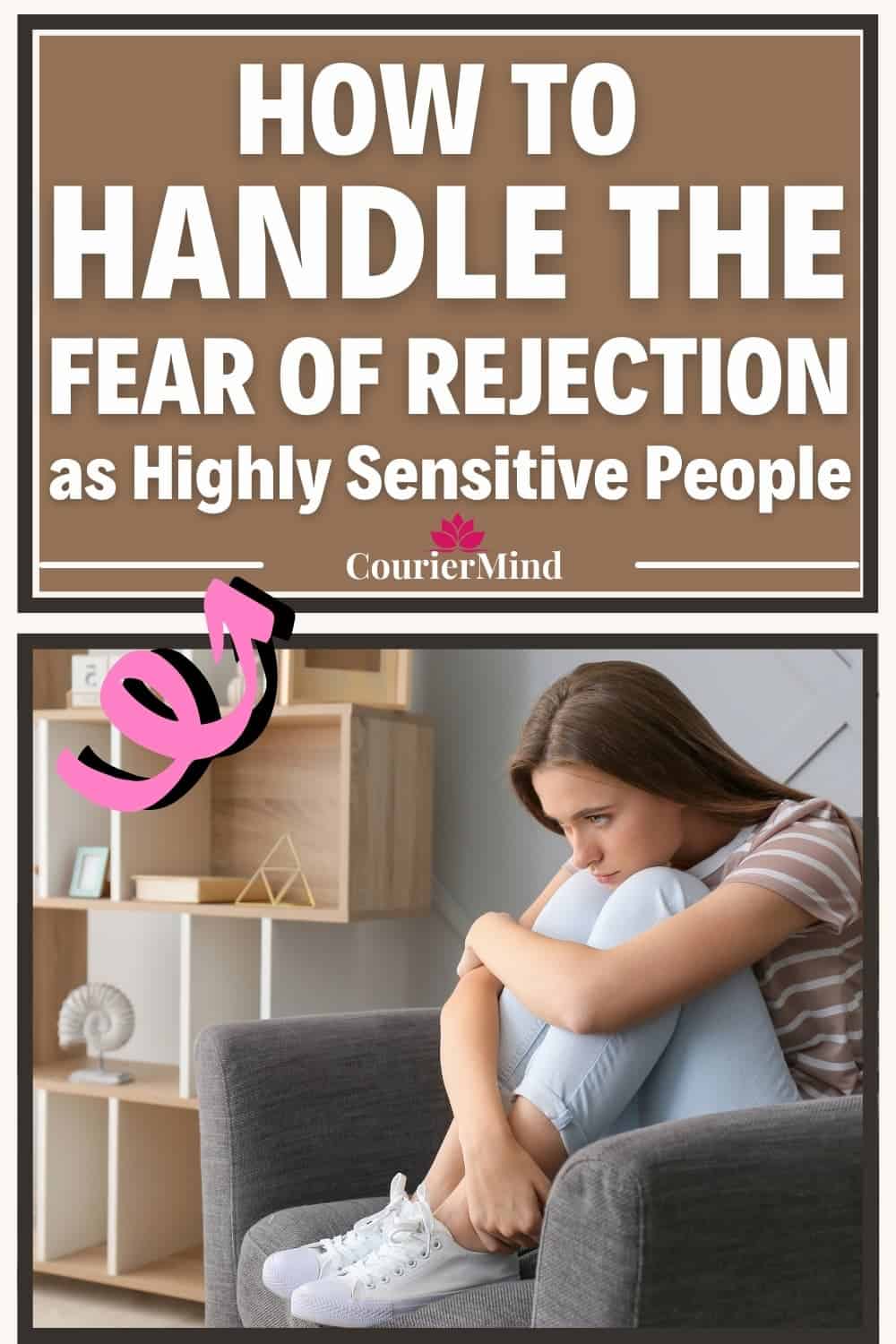 A young woman sits curled up on a sofa, looking sad as she wonders how to handle rejection as a highly sensitive person.