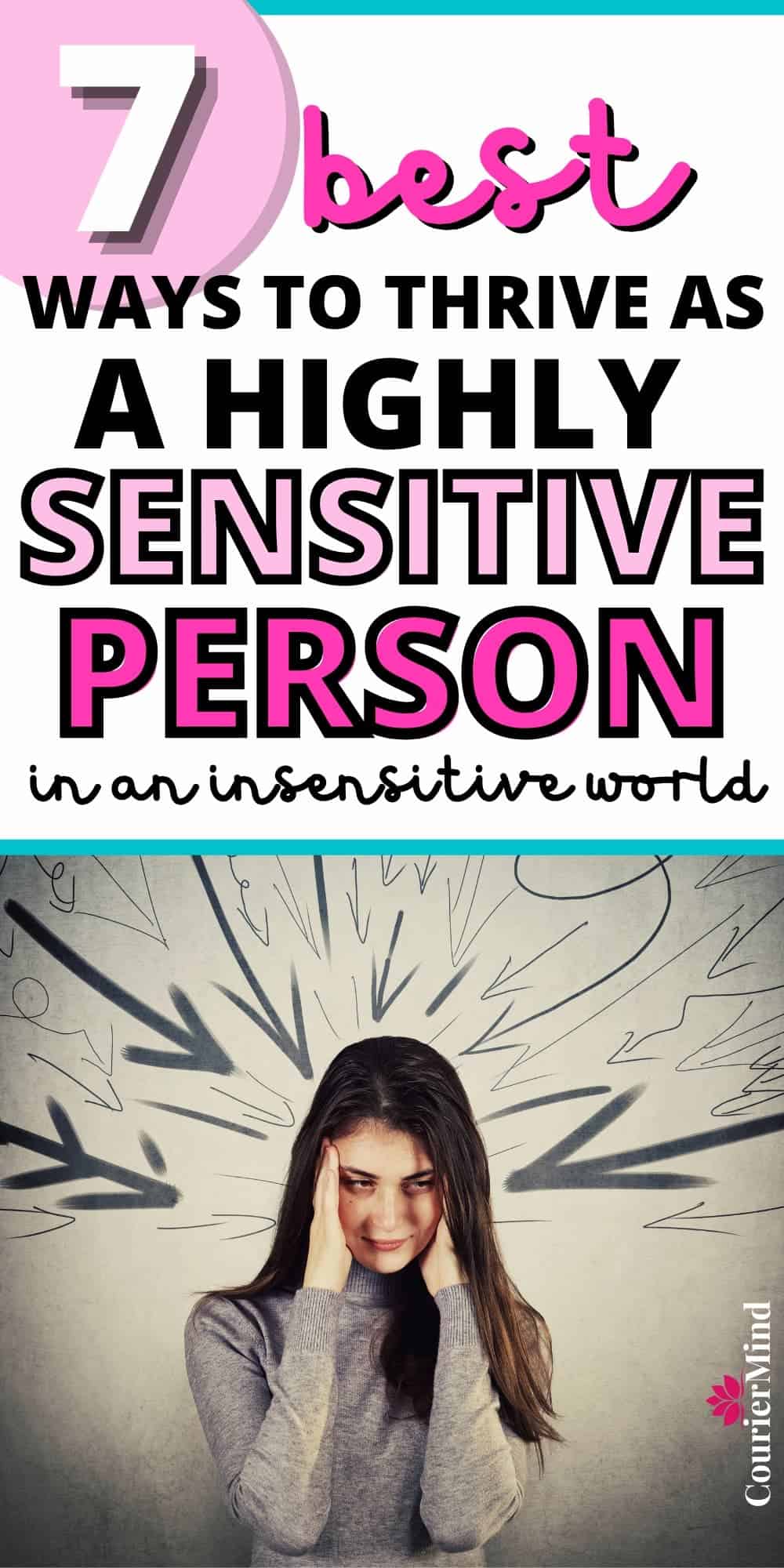 A highly sensitive woman in an insensitive world feels overwhelmed, holding her face with her hands against a gray background with arrows pointing toward her.