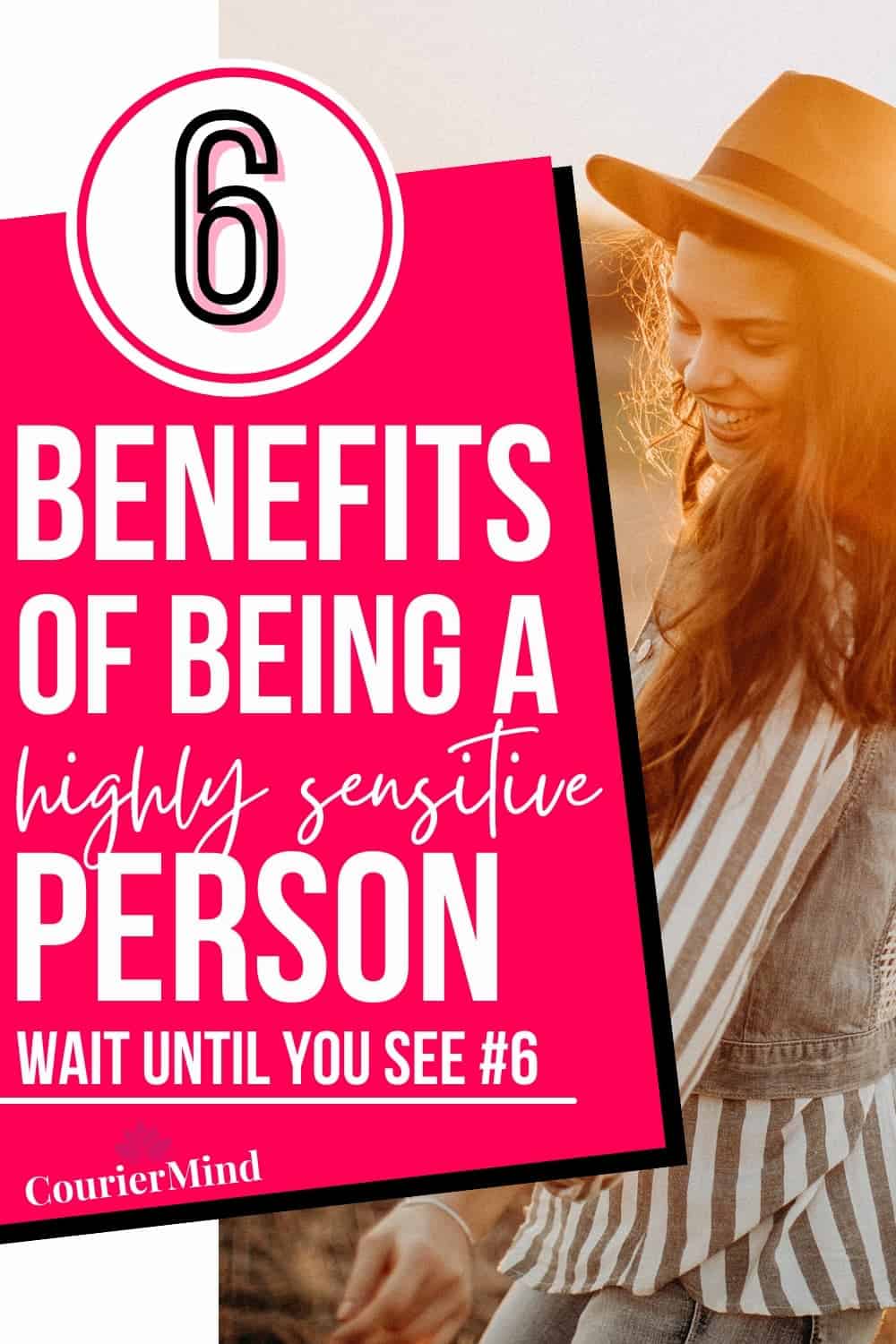 A young woman with long hair and a hat smiles happily in nature, understanding the benefits of being a highly sensitive person.