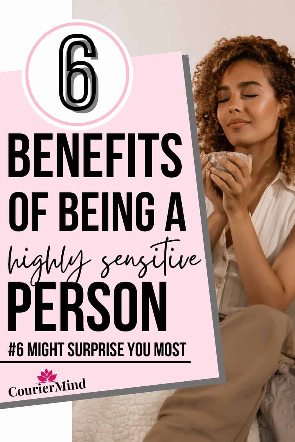 A woman closes her eyes and enjoys quiet time on the sofa with a cup of coffee, knowing the benefits of being a highly sensitive person.