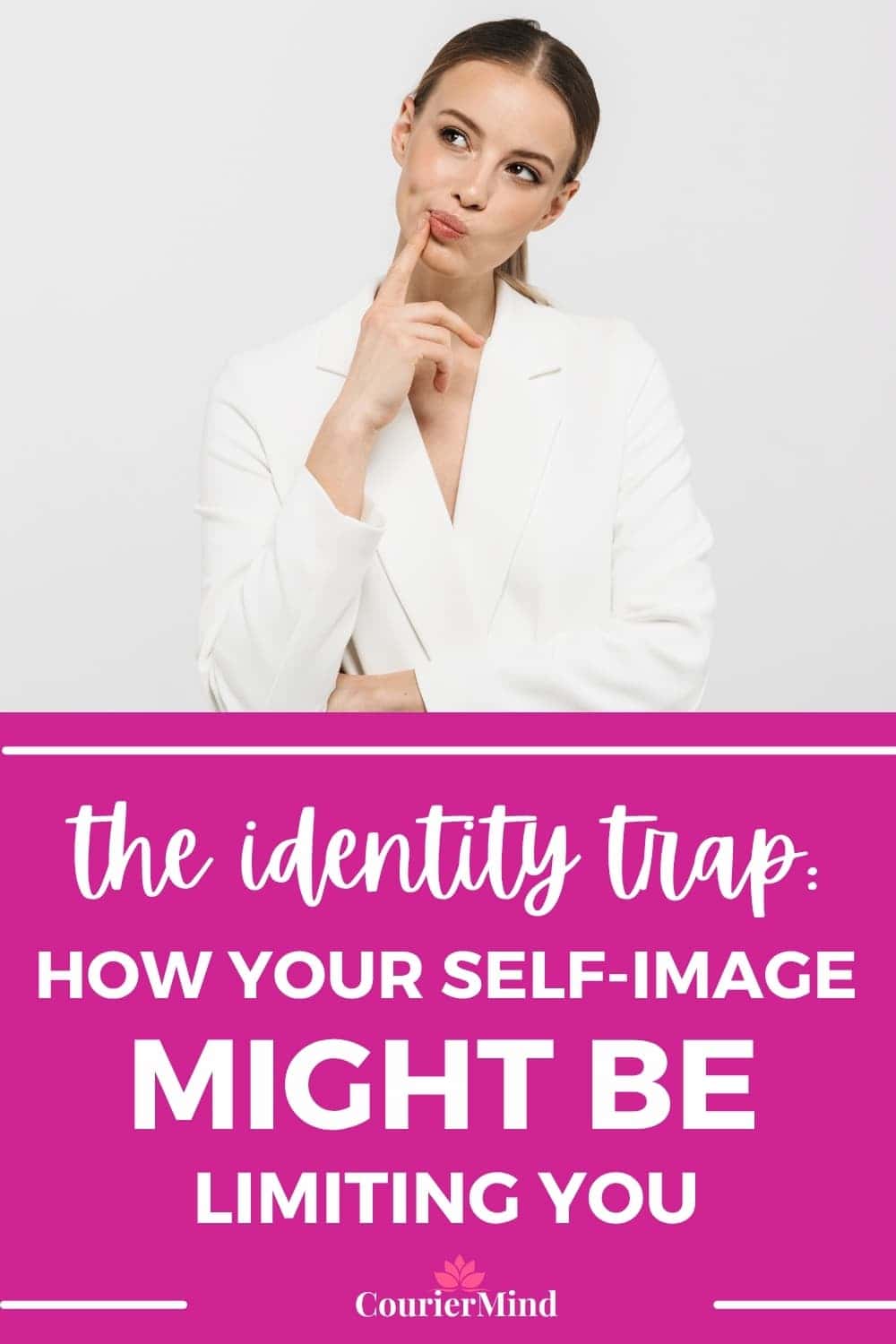 A woman in a white suit reflects on whether her identity and limiting beliefs about self-worth are keeping her from living the life she truly wants.