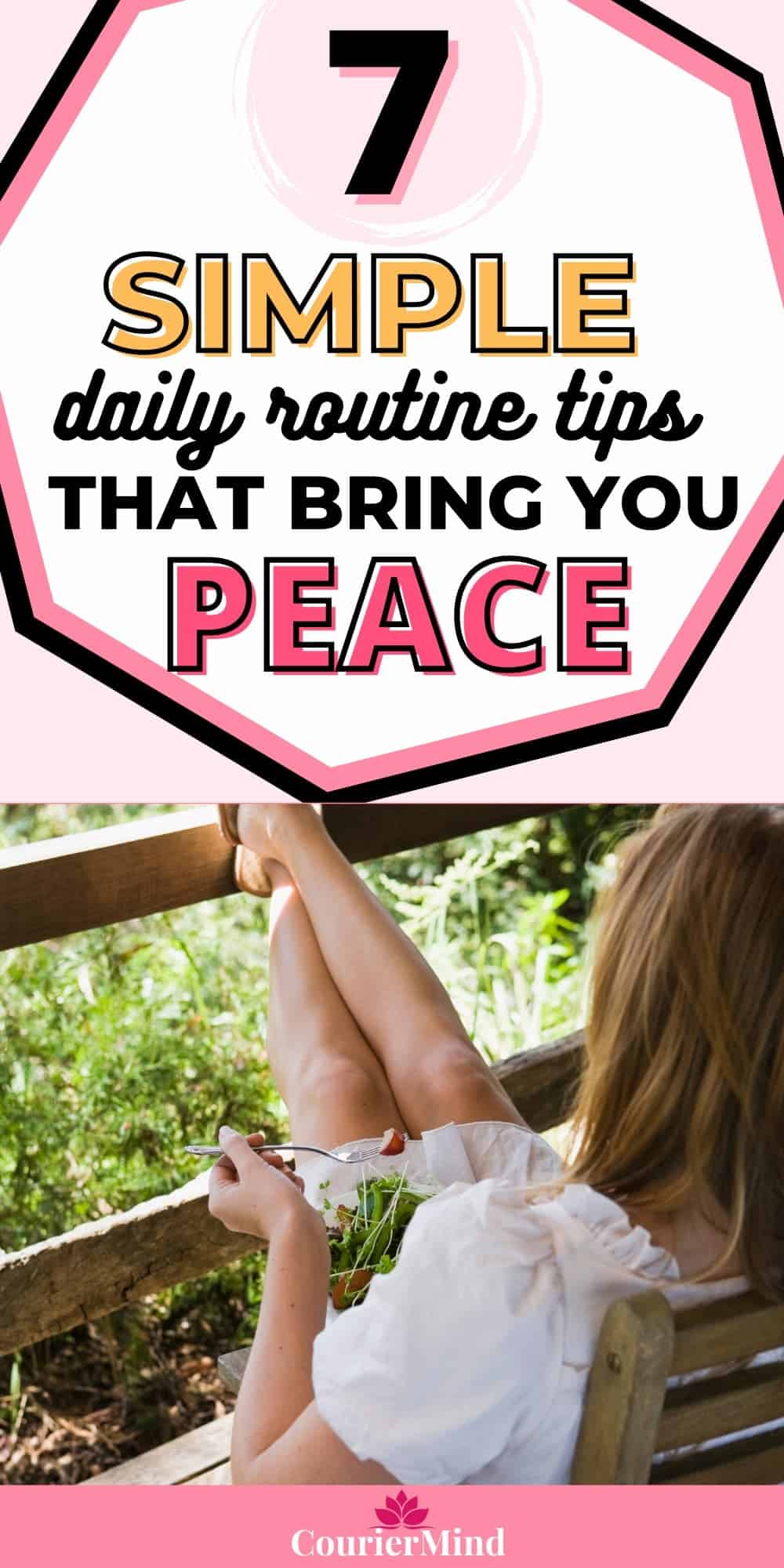 A woman sits outside and eating salad and enjoying life is following some great tips on daily routine that she found on a wellness magazine.