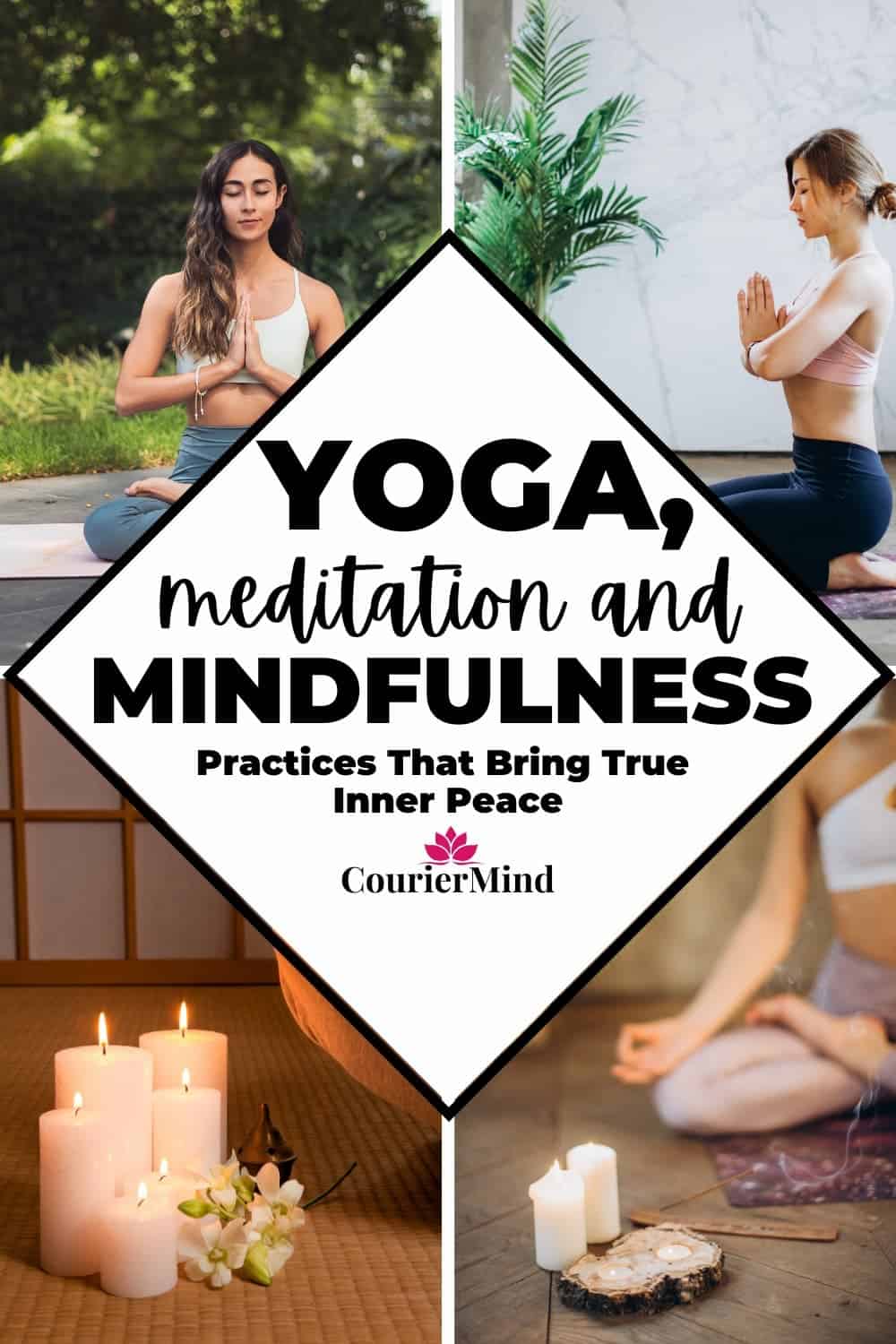 A pin featuring images of yoga, meditation, and mindfulness, promoting the practice of inner peace.