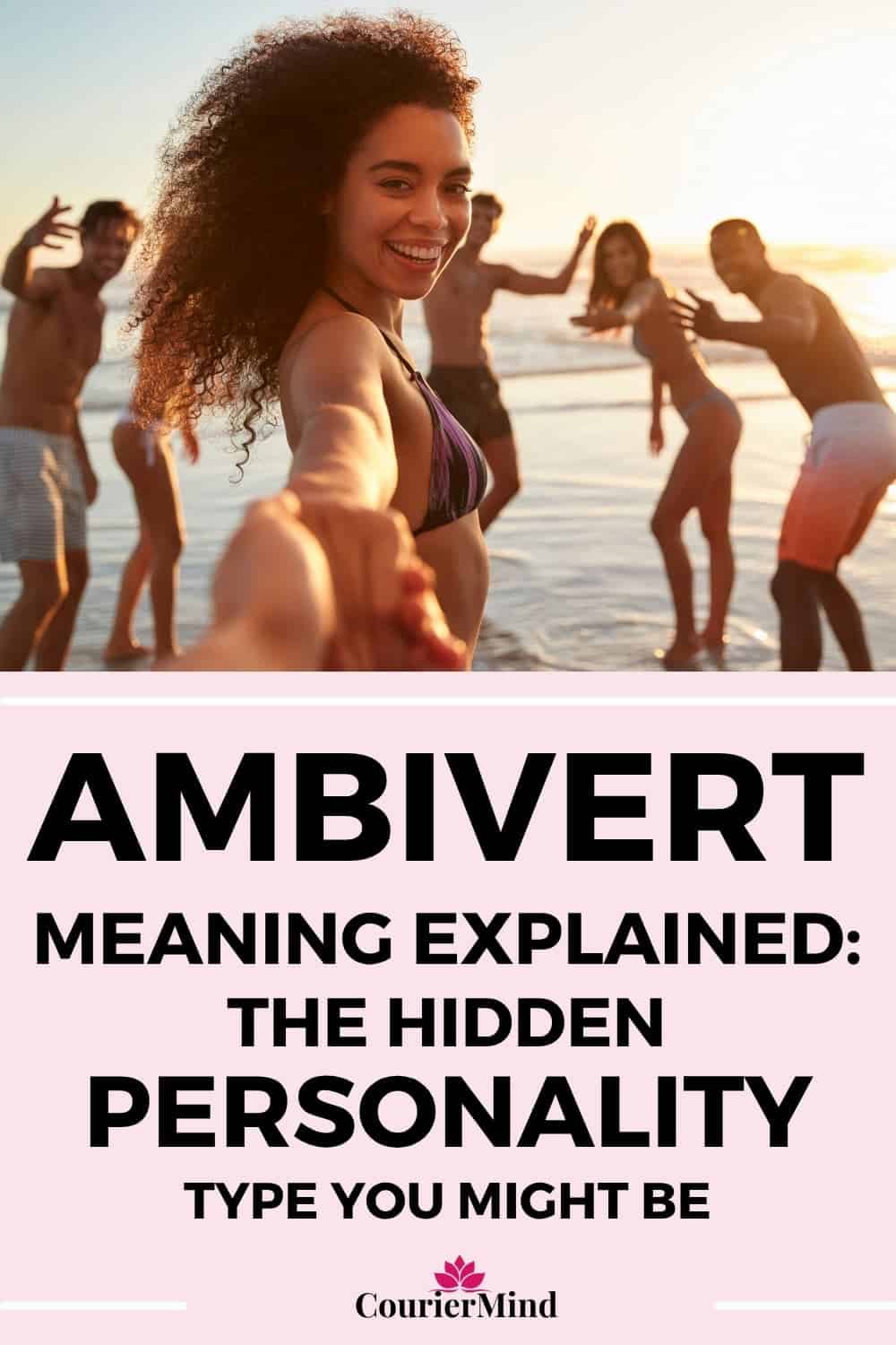 A young woman enjoys the beach with her friends, feeling happy and comfortable embracing both her introverted and extroverted sides, as an ambivert.