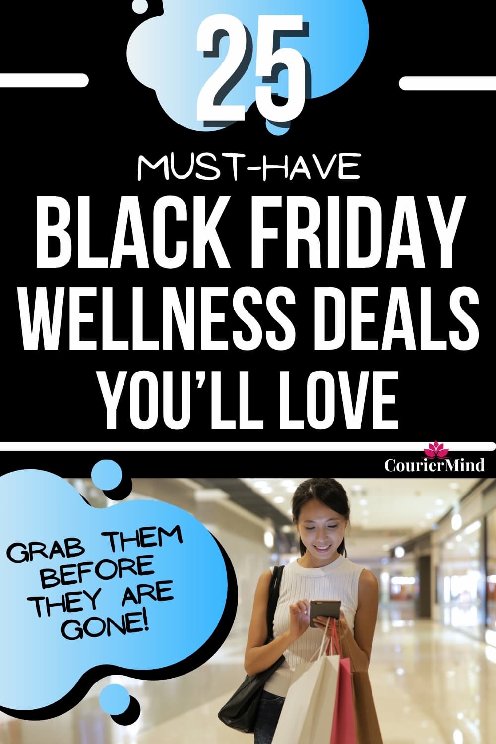 A Pinterest pin featuring a woman shopping in a mall, showcasing Black Friday deals to get.