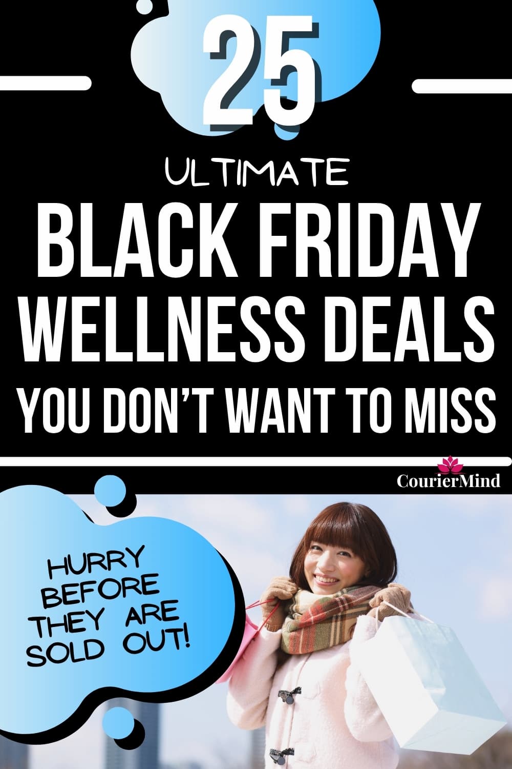 Pinterest pin showing a happy woman smiling as she carries shopping bags home after finding great Black Friday deals.
