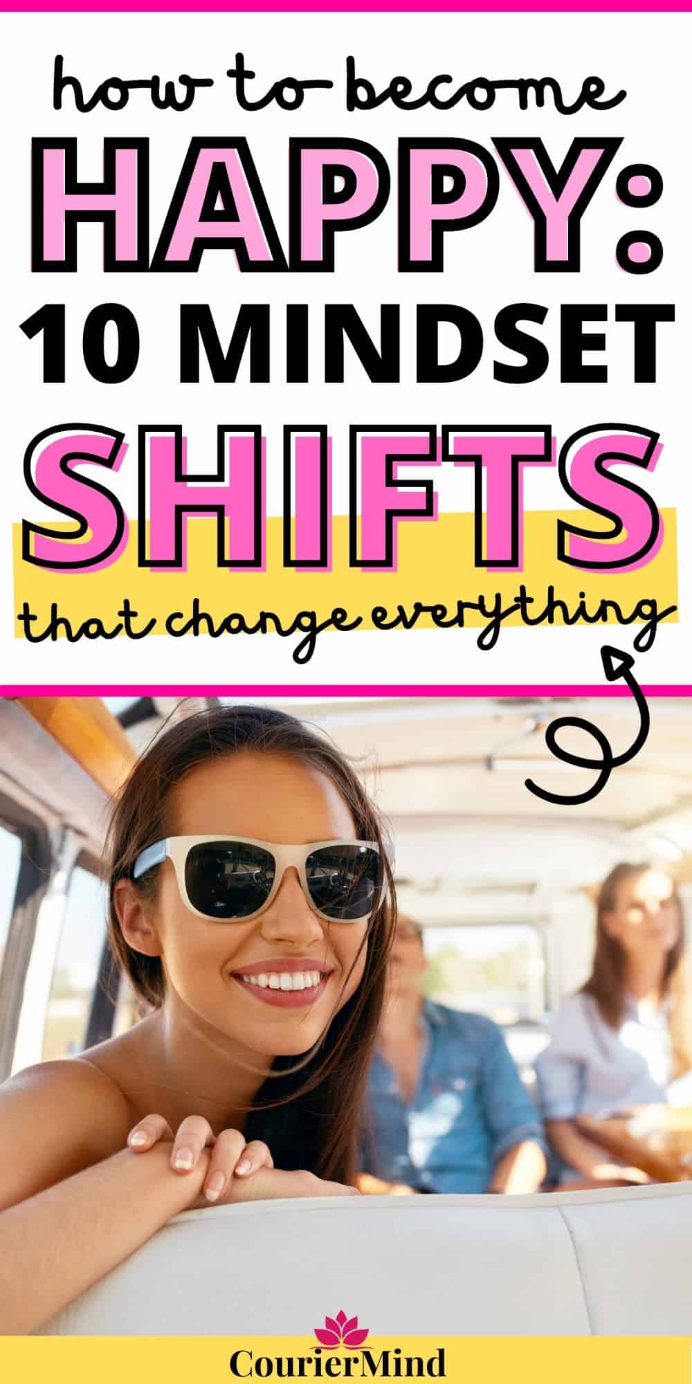 A young woman demonstrates how to be happy by enjoying a fun van ride with her friends.