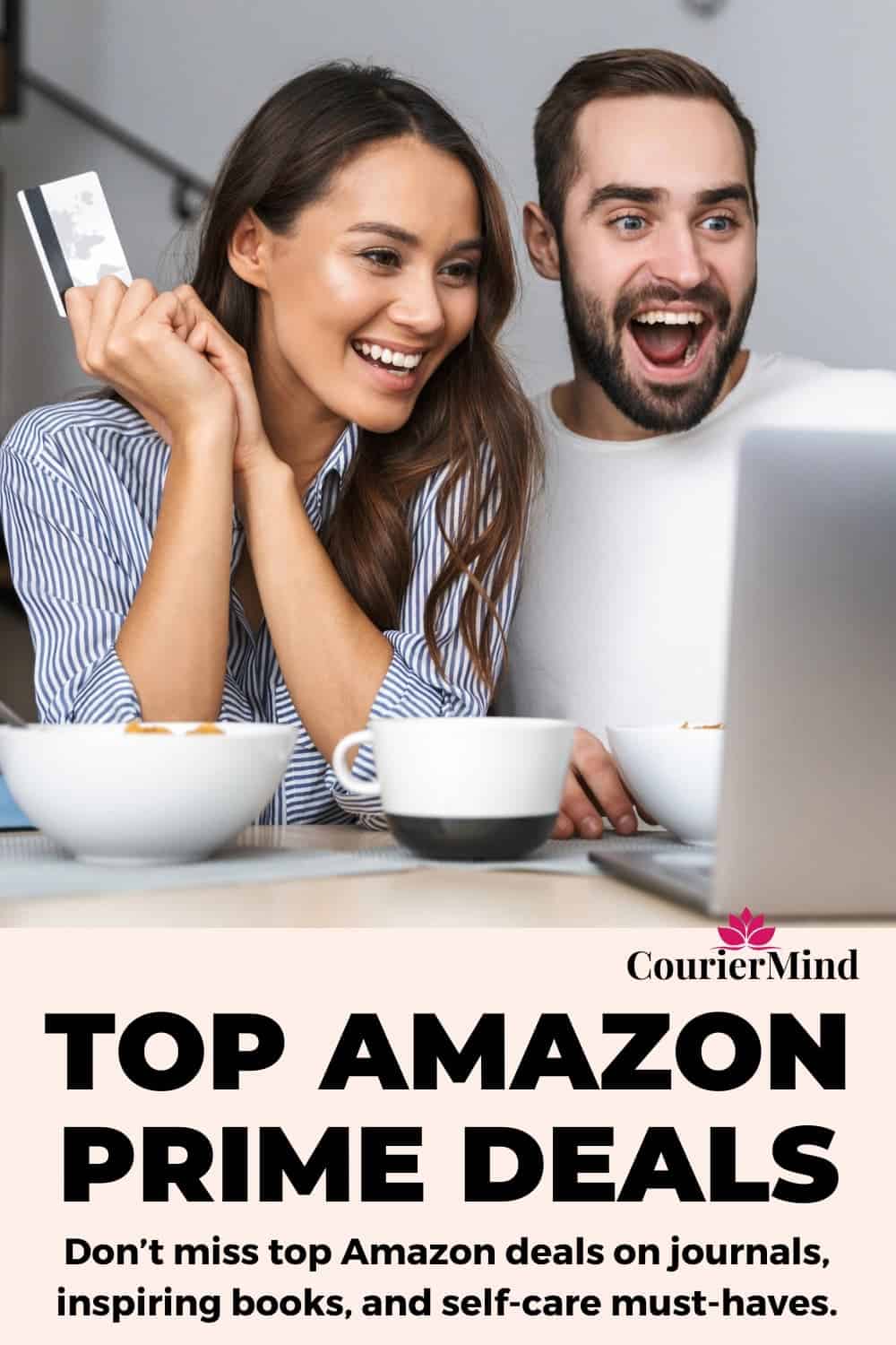 A pin with the text "don’t miss top Amazon deals on journals, inspiring books, and self-care must-haves" showcasing the best Amazon Prime deals.