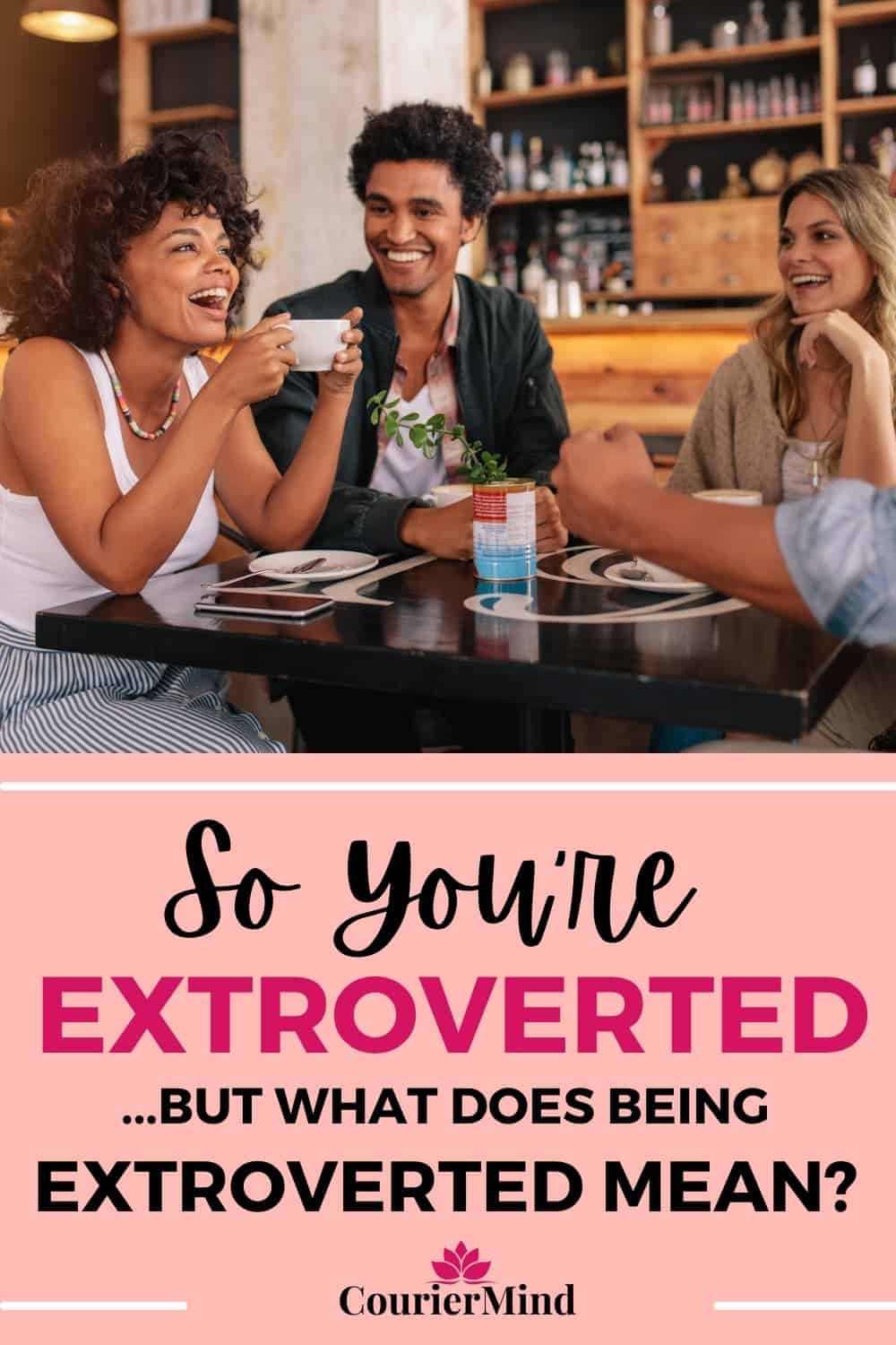 An extroverted woman sitting at a café, talking while her friends listen attentively.