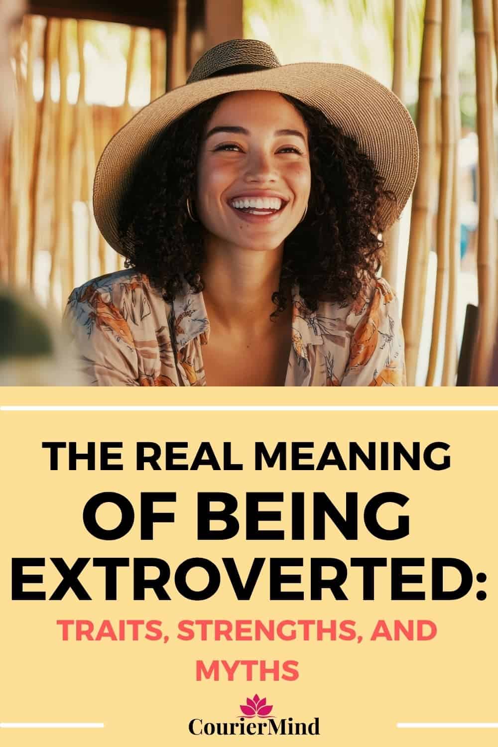 A happy, extroverted woman in a sunhat sitting in the shade on a summer day.