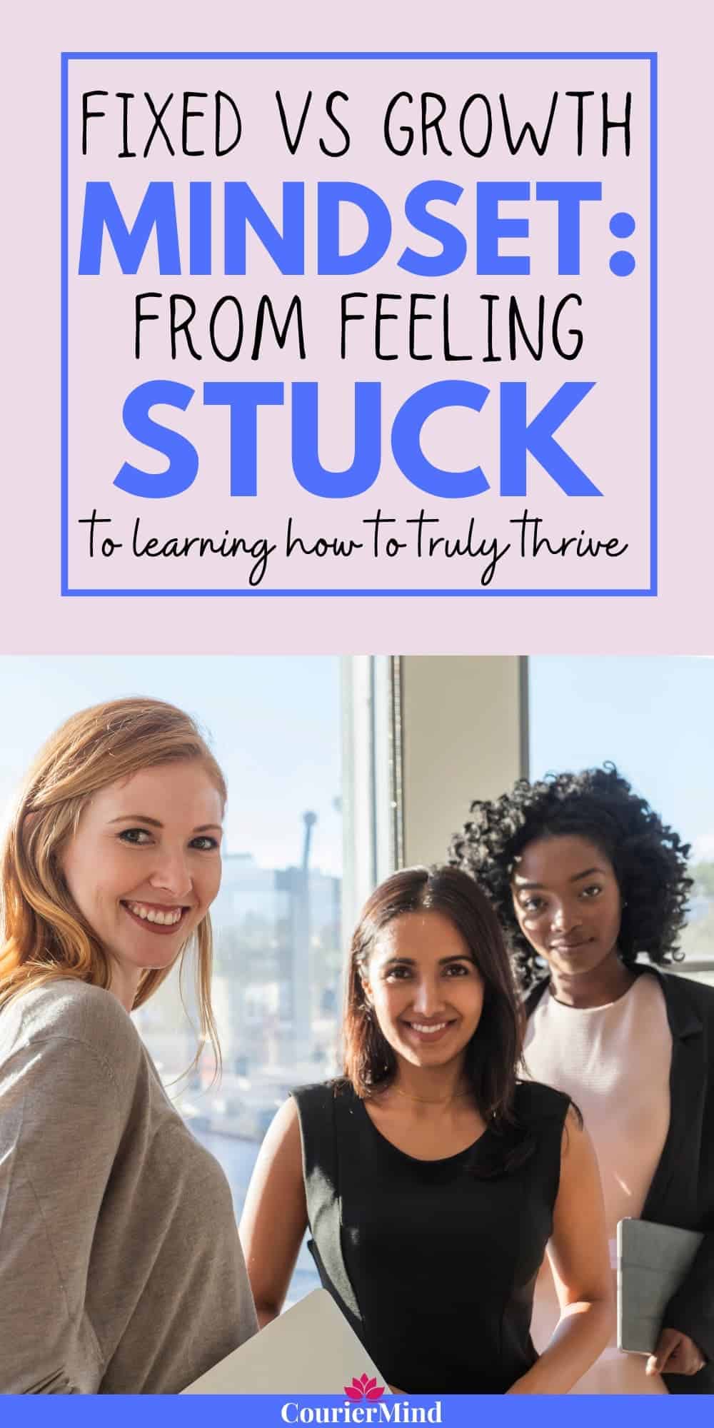 Three smiling colleagues stand confidently by a window overlooking the city, symbolizing teamwork and the benefits of a growth mindset vs a fixed mindset in order to become successful.